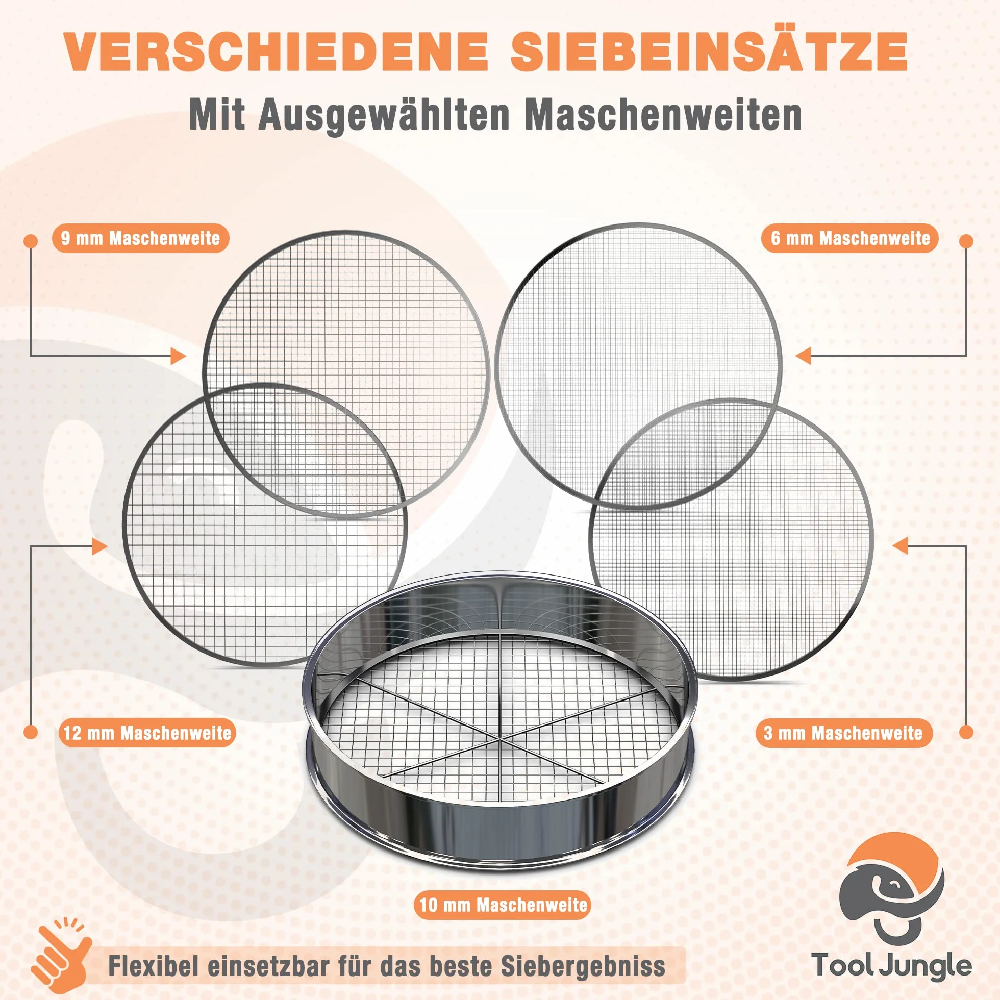 Tool Jungle – sitko ogrodowe ze stali nierdzewnej – w zestawie 5 wkładów sitkowych Ø 3,5, 8, 9,12 mm – sitko do kompostu odporne na działanie warunków atmosferycznych – z dodatkową poprzeczką