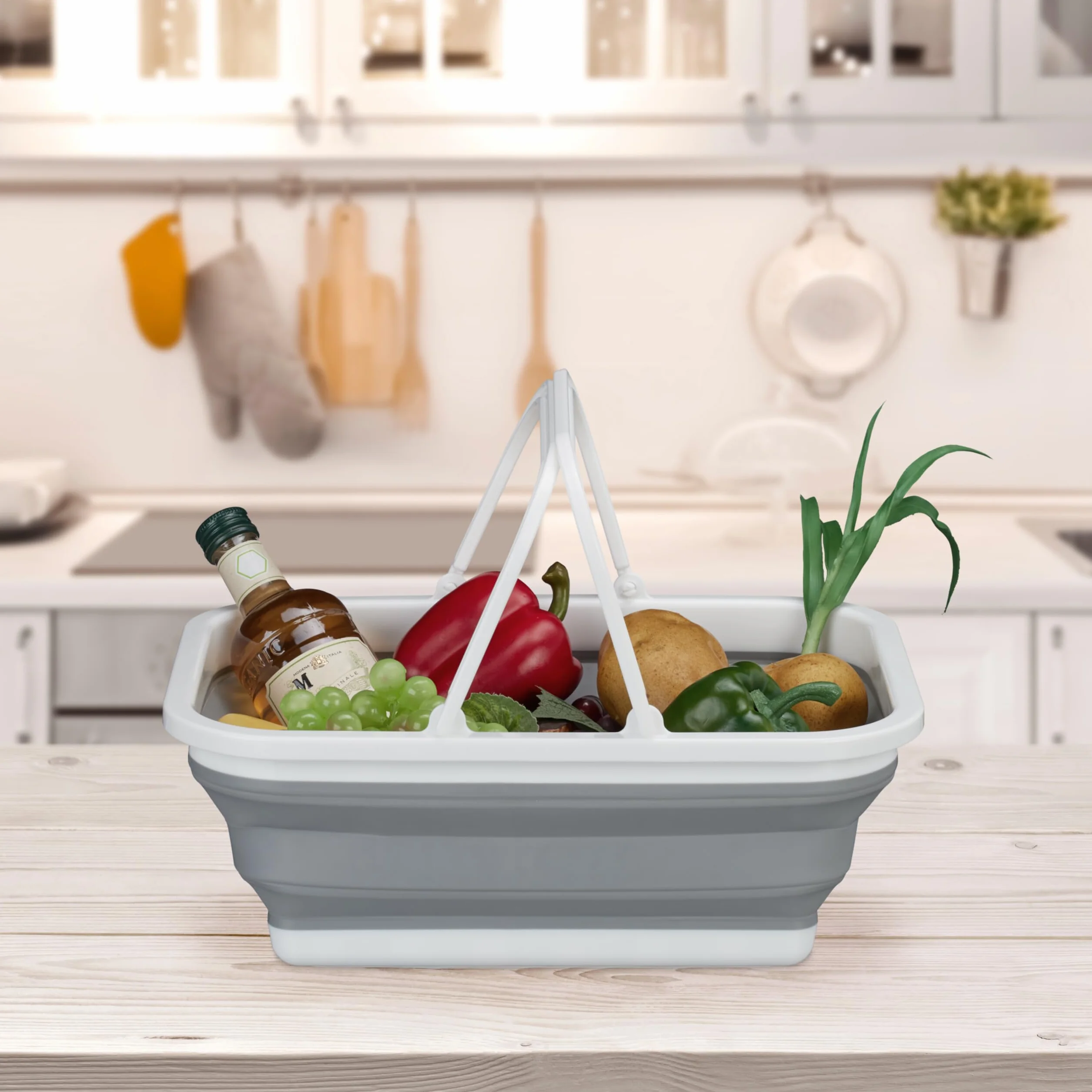 Relaxdays Składany kosz z uchwytem, 8 l, przenośny kosz piknikowy, kemping i zmywanie, wys. x szer. x gł.: 15,5 x 38,5 x 28,5 cm, biały/szary