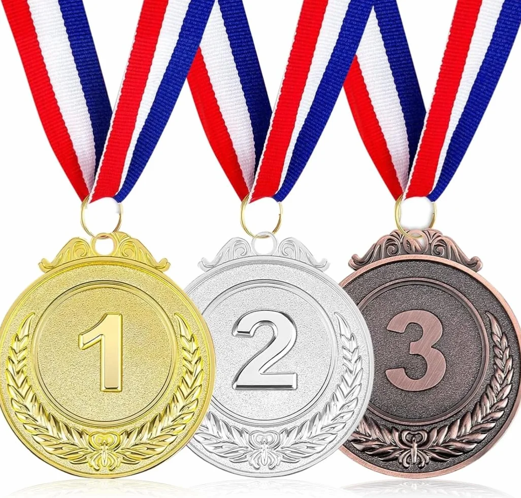 Medale metalowe złoty srebrny brąz 1 2 3 olimpijskie z wstążkami