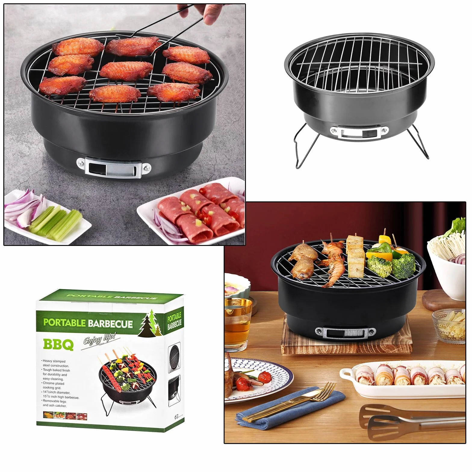 25 cm Przenośny Okrągły Grill Do Barbecue Na Węgiel Drzewny Z Uchwytem Do Grillowania Na Zewnętrznym Podwórku, Kuchni Domowej, Na Pikniku, Na Kempingu