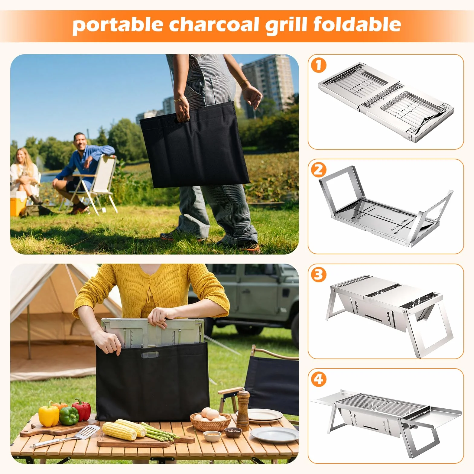 Przenośny, składany grill na węgiel drzewny – kompaktowy grill stołowy i podłogowy z żelaza, na kemping, piknik, plażę i do ogrodu, w zestawie torba na grill, rękawiczki i popielnik, idealny dla 2-5