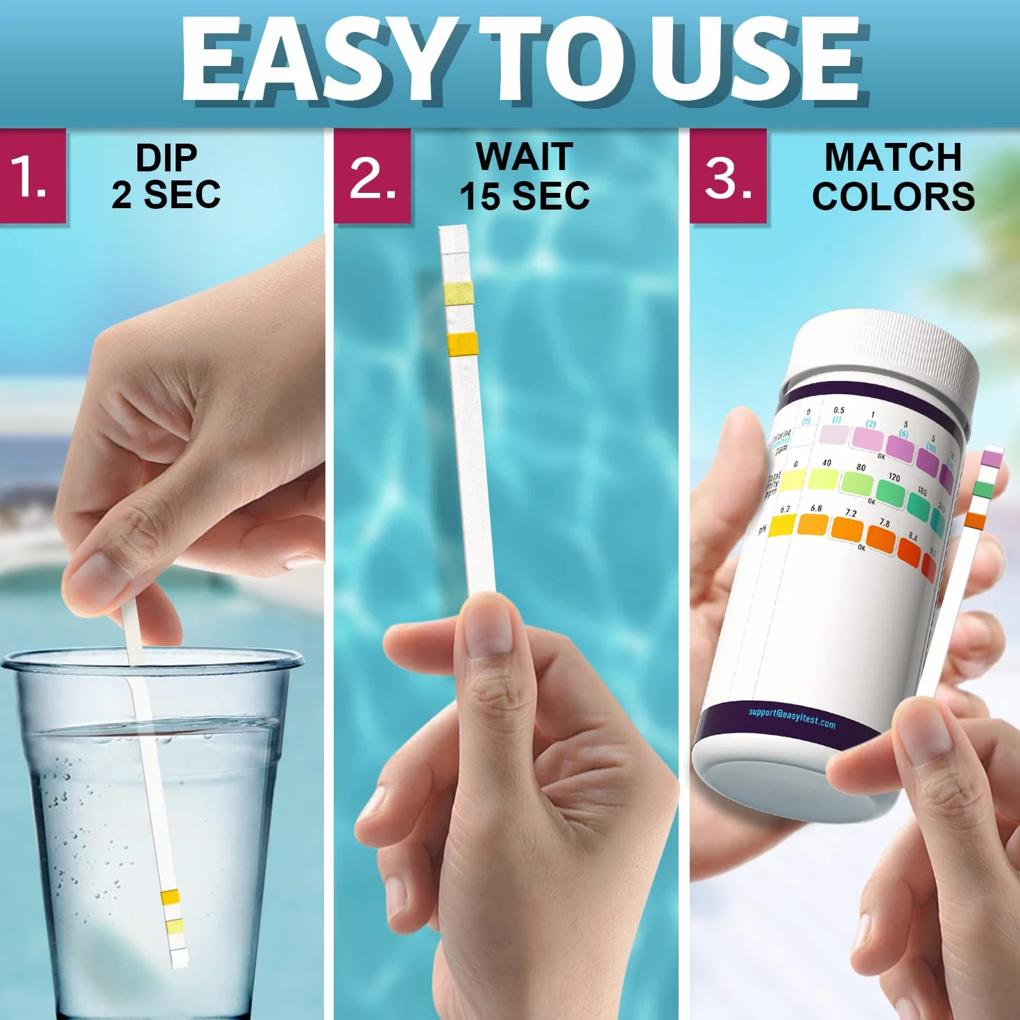 EASYTEST Paski testowe do wanny z hydromasażem, 150 pasków, test basenowy i spa na pH, całkowitą zasadowość, wolny chlor i brom, dokładny zestaw do testowania wody w basenie 3 w 1