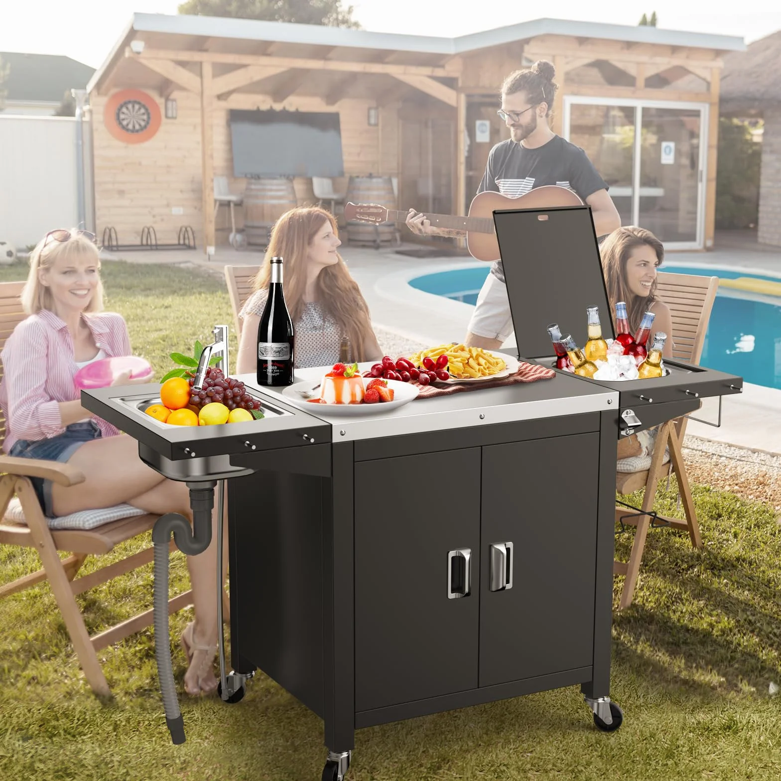 GFTIME Wózek grillowy, kuchnia outdoorowa, zwijana wyspa kuchenna z stali nierdzewnej, szafka do przechowywania, pojemnik na lód, zlewozmywak, stół do pieca do pizzy