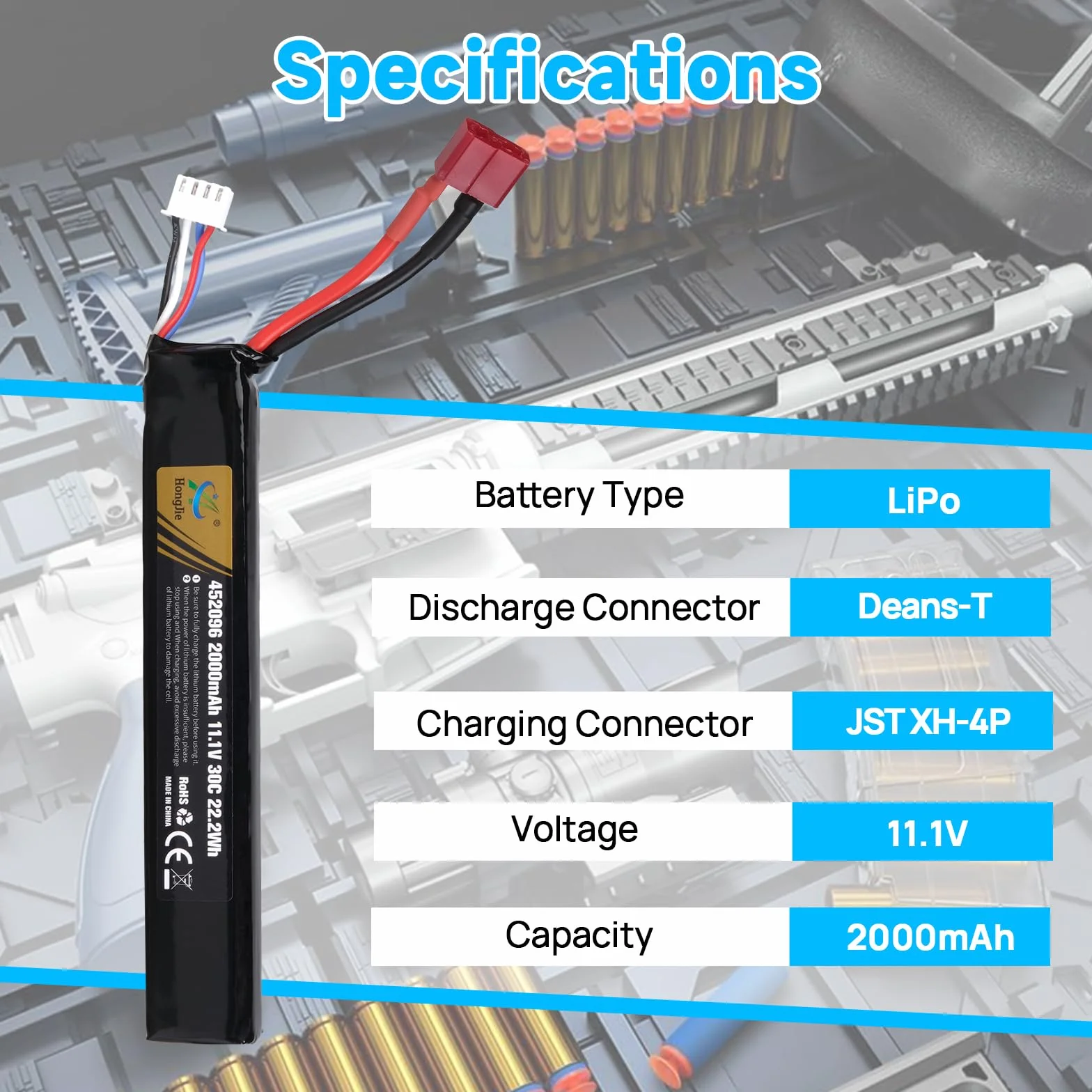 11,1 V 2000 mAh 30C 3S LiPo Akumulator z wtyczką Deans-T do karabinów Airsoft M4, M110, AK47, L85, MP5, Scar, M249, AUG, AEG, MP5K, M60, RPK, PKM