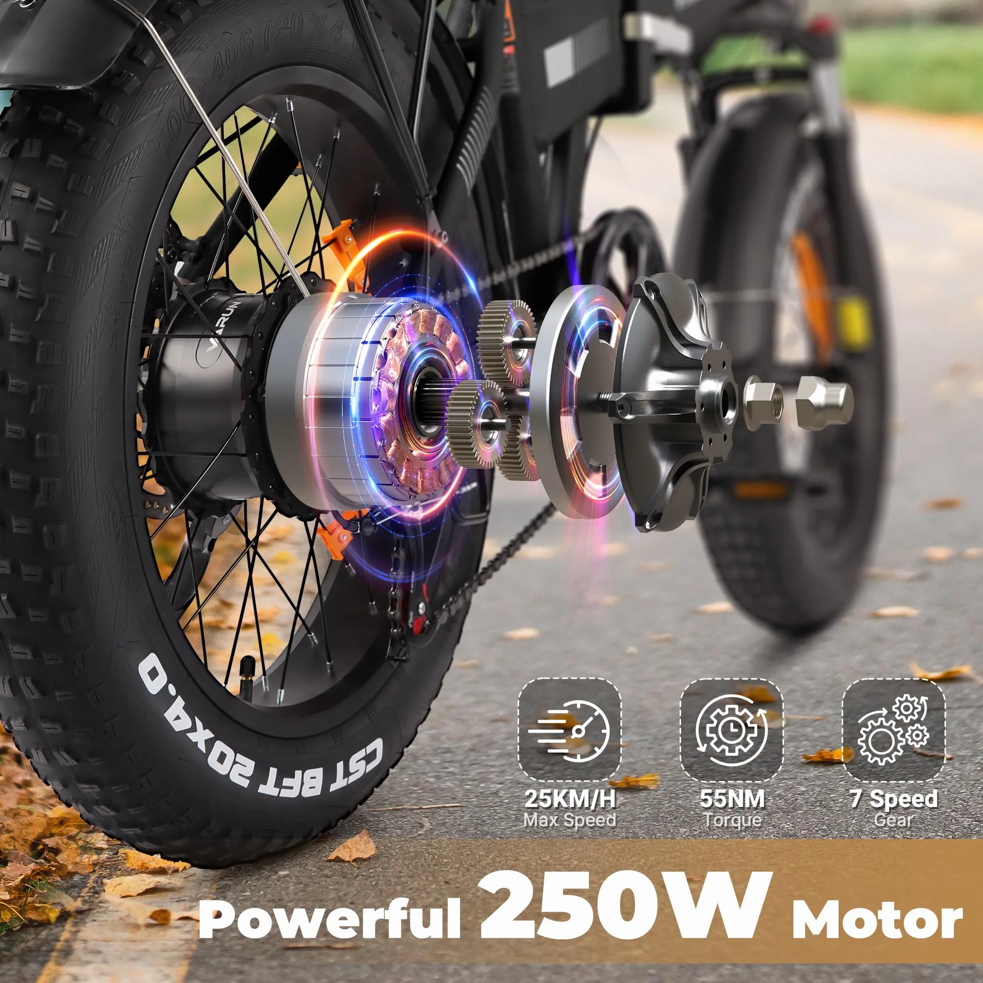 VARUN Rower Elektryczny 20x4.0 Fat Tire Składany 250W 48V 624Wh 7-Biegowy