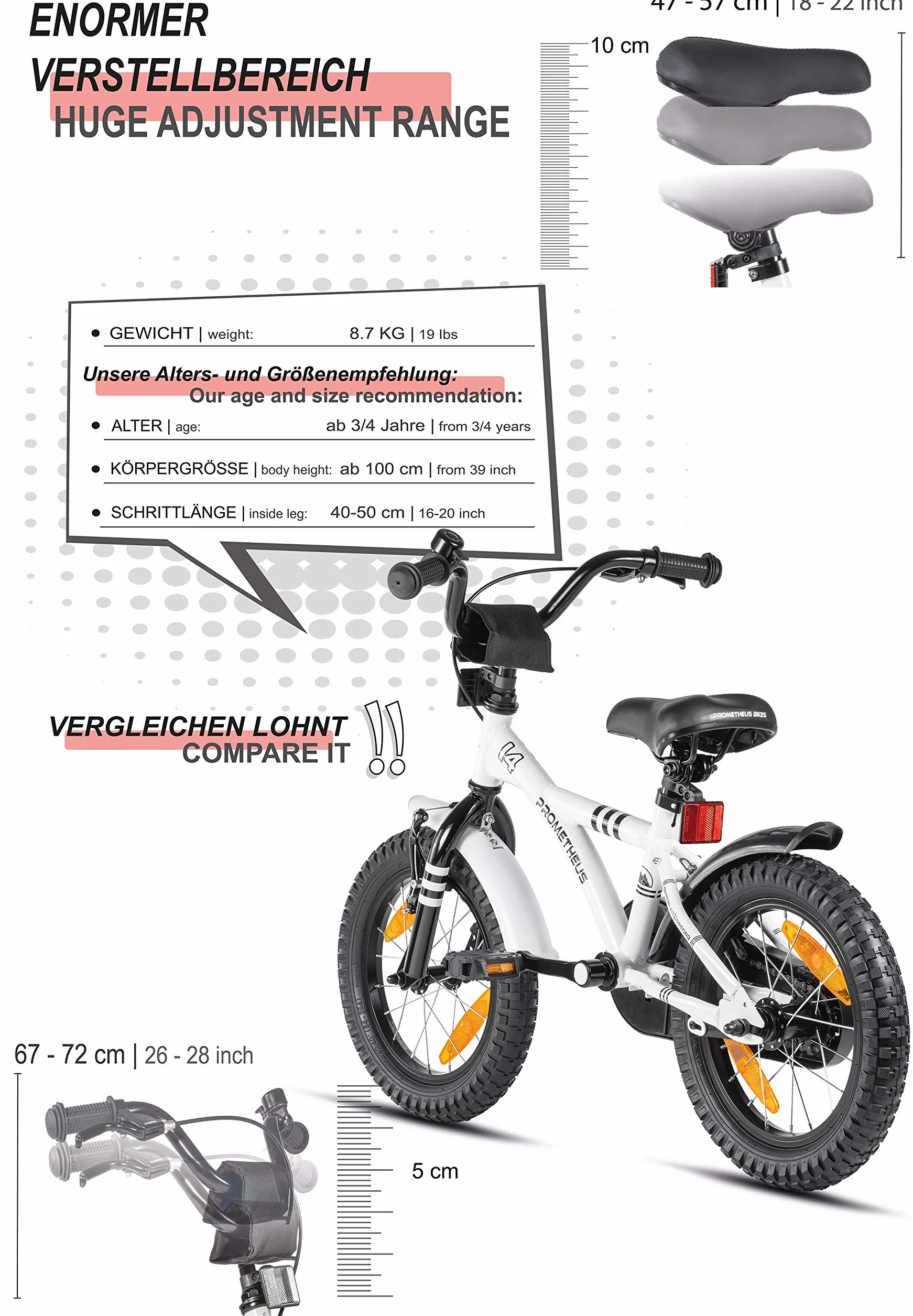 PROMETHEUS BICYCLES Rower dziecięcy 14 cali od 4 lat – rower dziecięcy, dla dziewcząt, chłopców, z kółkami podporowymi, hamulec nożny w kolorze białym