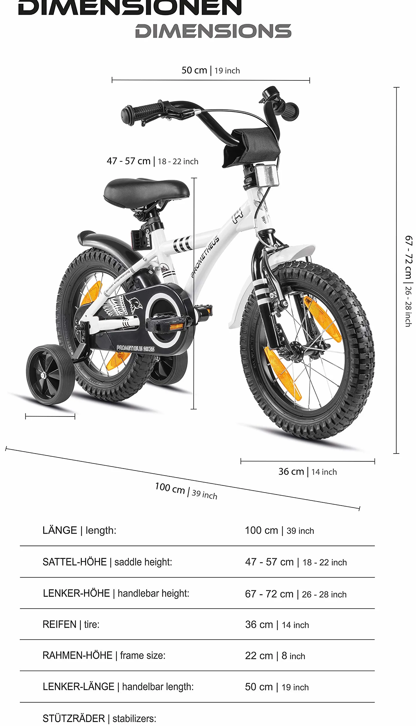 PROMETHEUS BICYCLES Rower dziecięcy 14 cali od 4 lat – rower dziecięcy, dla dziewcząt, chłopców, z kółkami podporowymi, hamulec nożny w kolorze białym