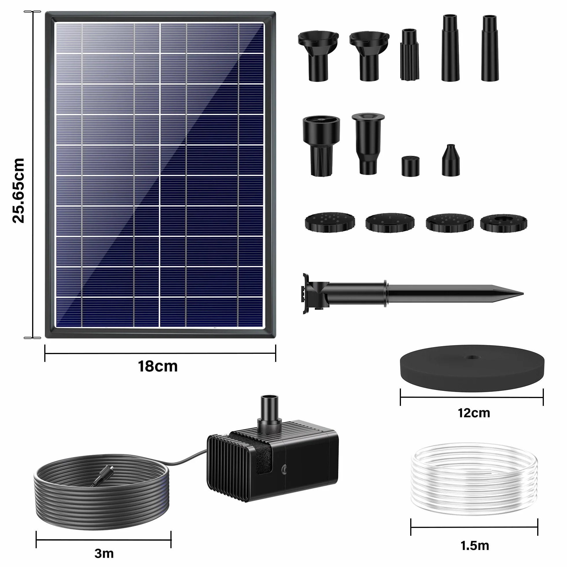 Biling pompa solarna do stawu 7,5 W z filtrem, 300 l/h z wężem 1,5 m, kabel 3 m, 10 dysz do samodzielnego wykonania stawu ogrodowego, zbiornika dla ptaków, fontanny solarnej, wody