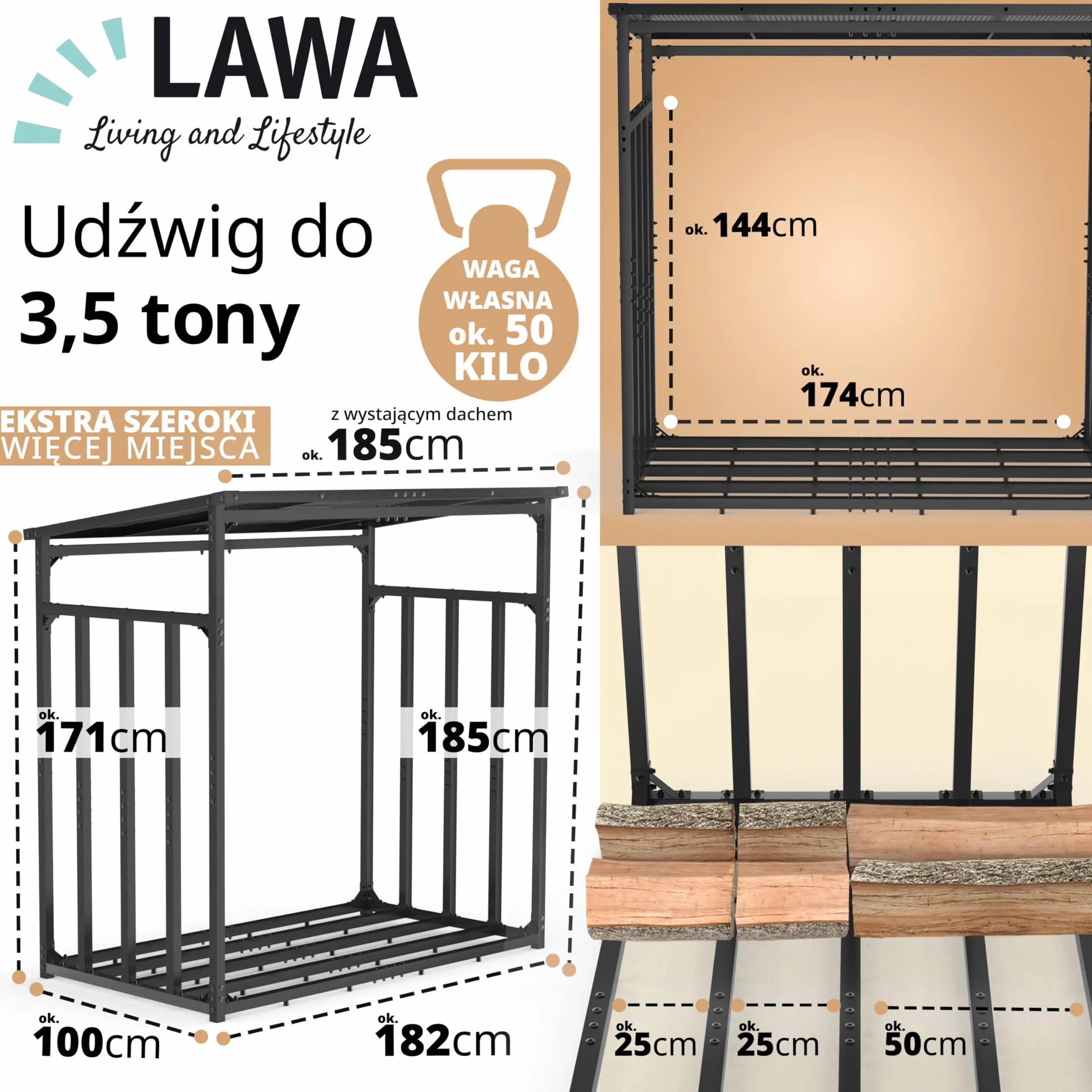 Stojak regał na drewno kominkowe 185x105x185 cm metalowy ocynkowany zadaszony z plandeką antracytowy 1 m głębokości odporny na rdzę 3,5 t 5,25 m³