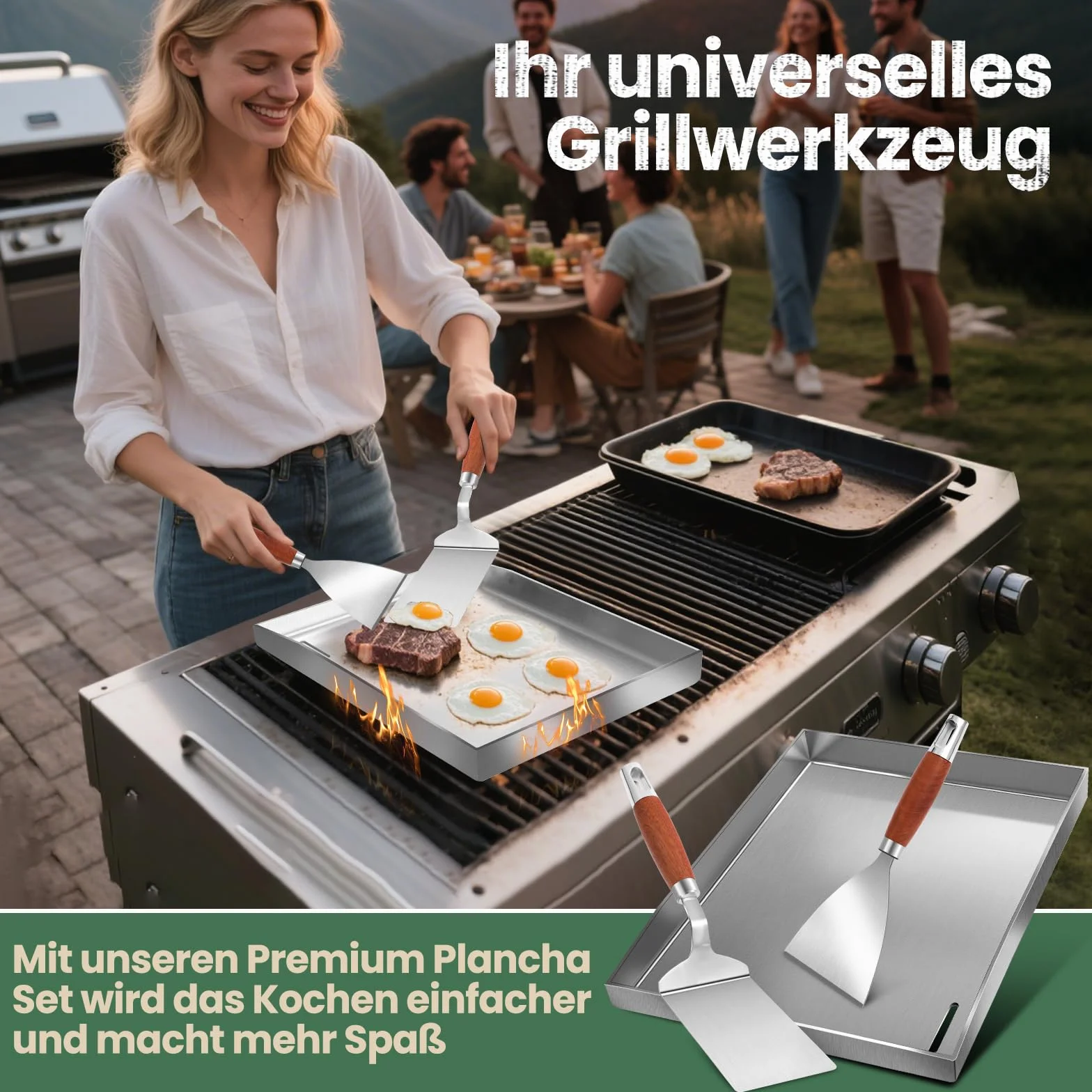 Premium Plancha zestaw ze szpachelką do grilla, 30 x 40 cm, uniwersalna płyta grillowa ze stali nierdzewnej do grilla gazowego i węglowego, płyta grillowa ze stali nierdzewnej 4 mm