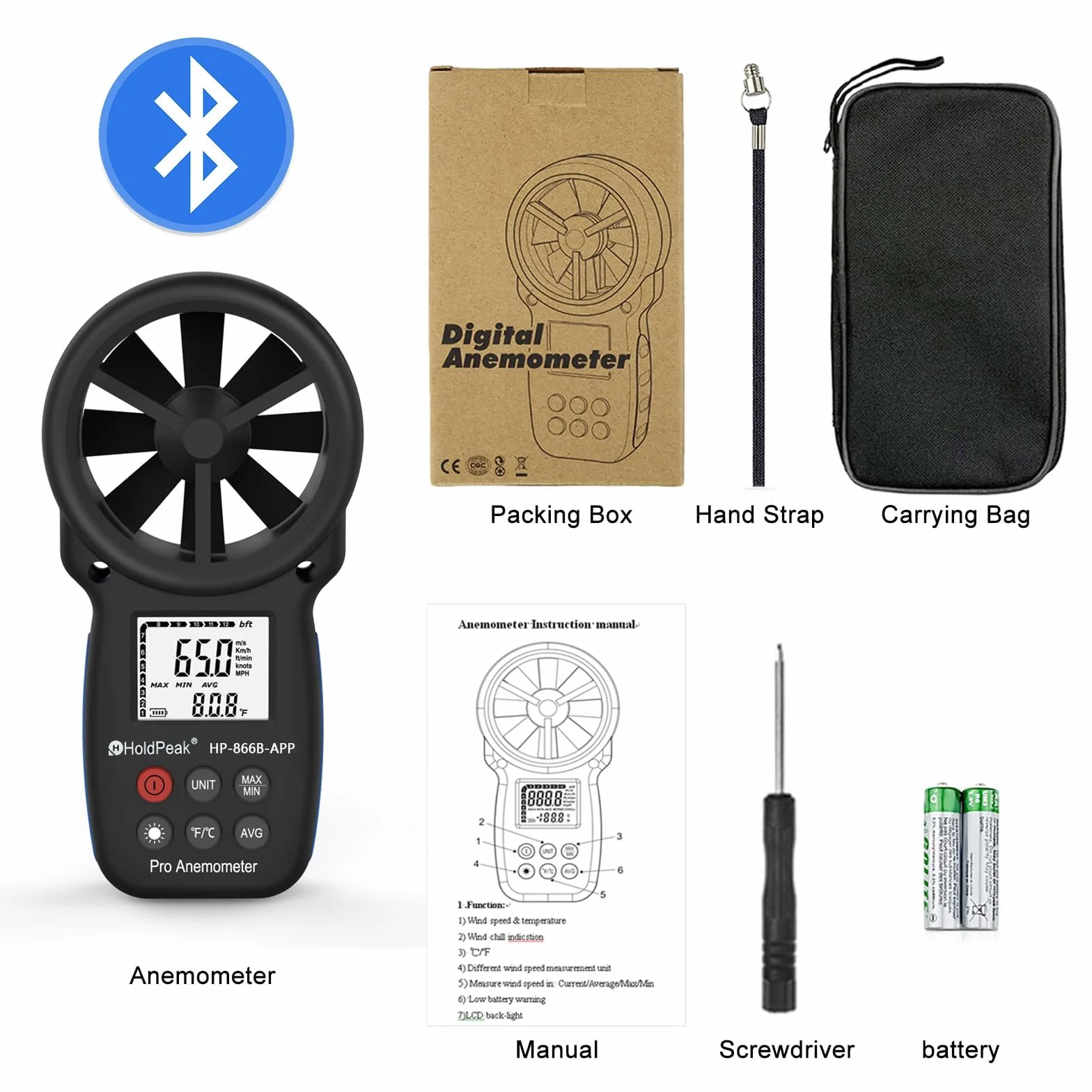HoldPeak Cyfrowy anemometr HP-866B-APP Prędkość wiatru z bezprzewodowym połączeniem Bluetooth do pomiaru temperatury wiatru, nawigacji w locie, strzelanie, żeglarstwie