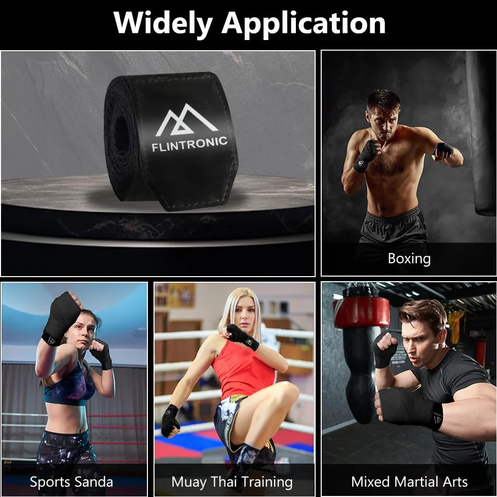 flintronic Rękawice wewnętrzne, bandaże do sztuk walki, 2,5 m, elastyczne bandaże na kciuk, do MMA, treningu, muay thai, kickboxingu i sportów walki, czarne