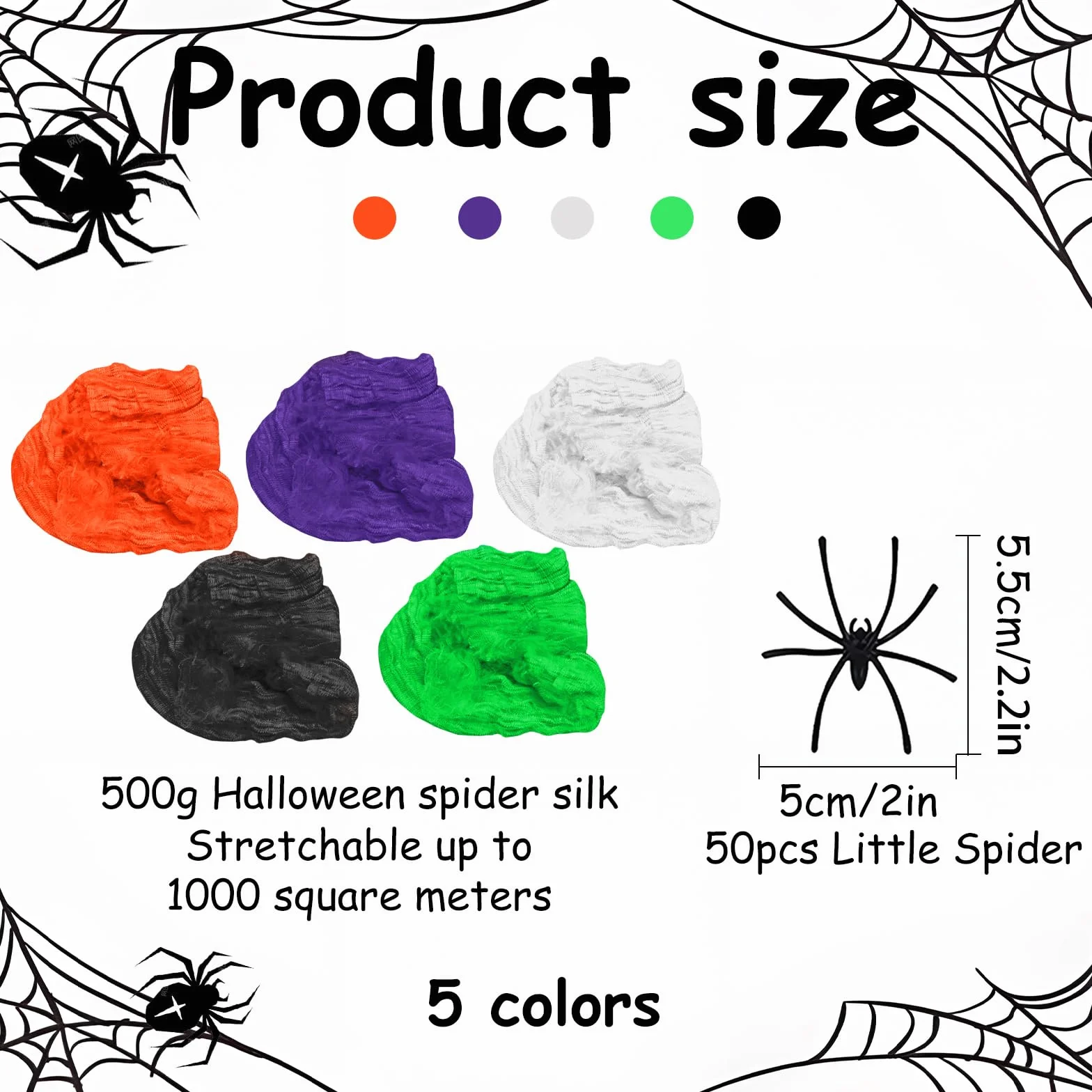 Dekoracyjna pajęczyna na Halloween, 300 g, biała, do użytku na zewnątrz, z 50 czarnymi pająkami z horroru, 1500 m², do użytku wewnątrz pomieszczeń, straszna dekoracja na Halloween, do