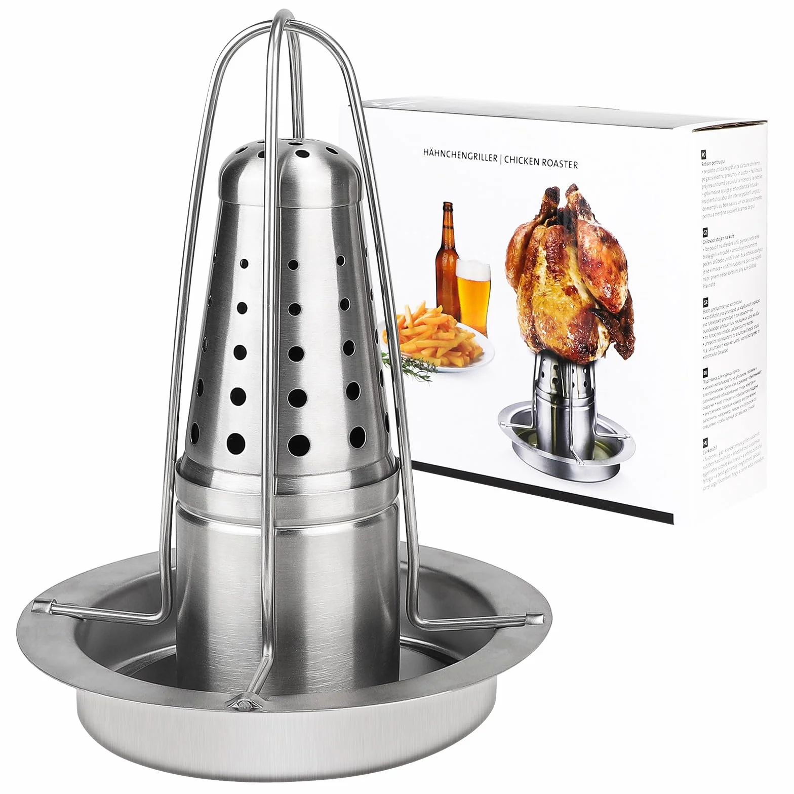 SWAWIS 1x Grill do Kurczaka ze Stali Nierdzewnej 430, 18 x 23 cm, Stojak na Kurczaka z Puszką na Piwo, Uchwyt na Kurczaka z Pojemnikiem na Aromat, Naczynie do Pieczenia Drobiu, na Wieczory Przy Grillu