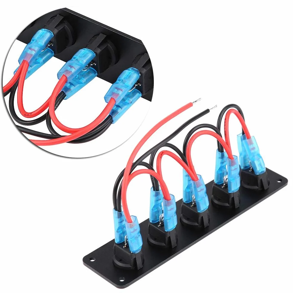 Keenso Panel przełącznika kołyskowego 12 V / 24 V, wodoodporny, 5 Gwintowany okrągły przełącznik Dash Blue LED do kampera, łodzi, jachtu morskiego, 12 V, gniazdko elektryczne