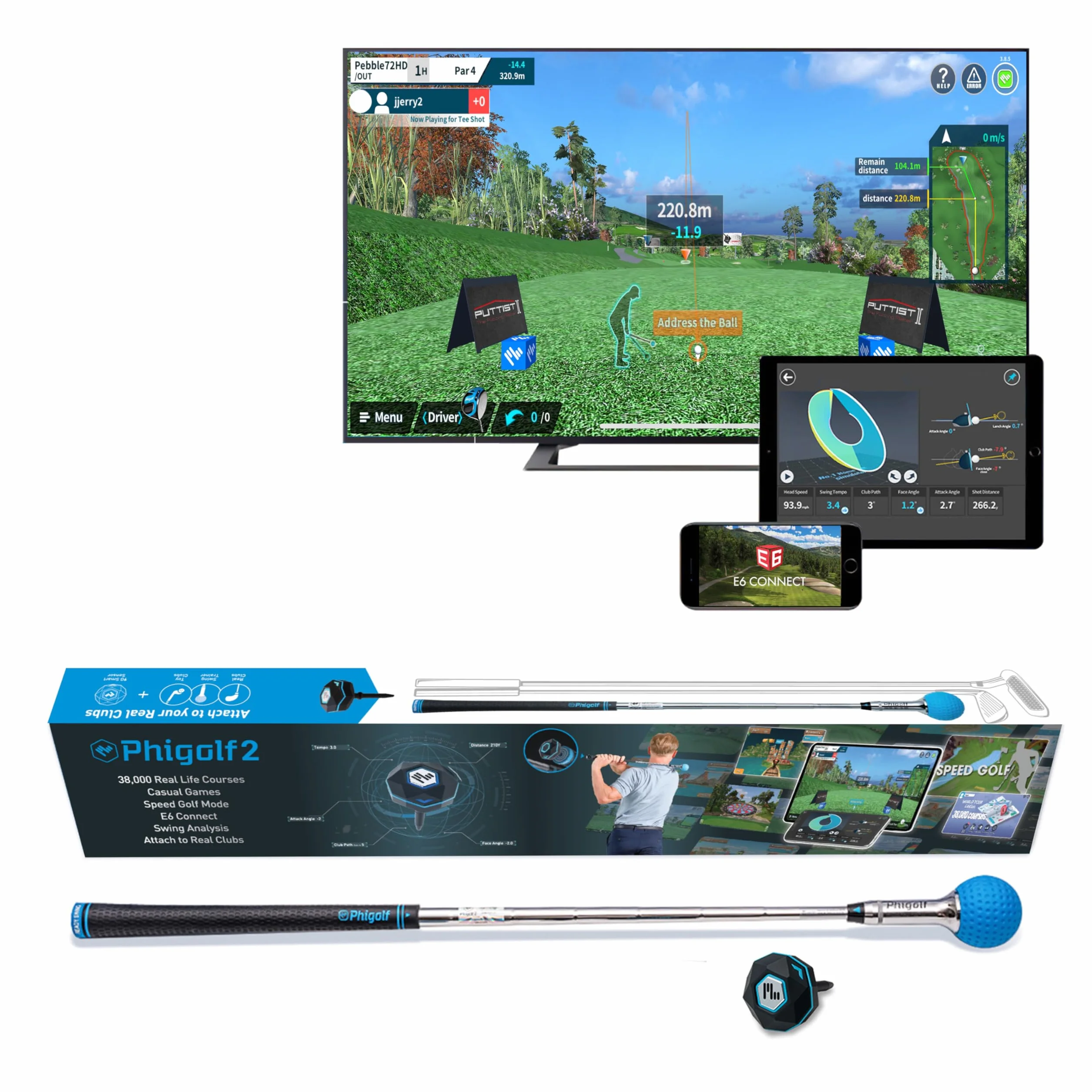 PHIGOLF Phigolf2 Symulator golfa z kijem huśtawkowym do użytku wewnątrz i na zewnątrz, trenażer huśtawek golfowych z ulepszonym czujnikiem ruchu i analizą huśtawek 3D, kompatybilna z aplikacją WGT/E6 Connect, współpracuje ze smartfonami