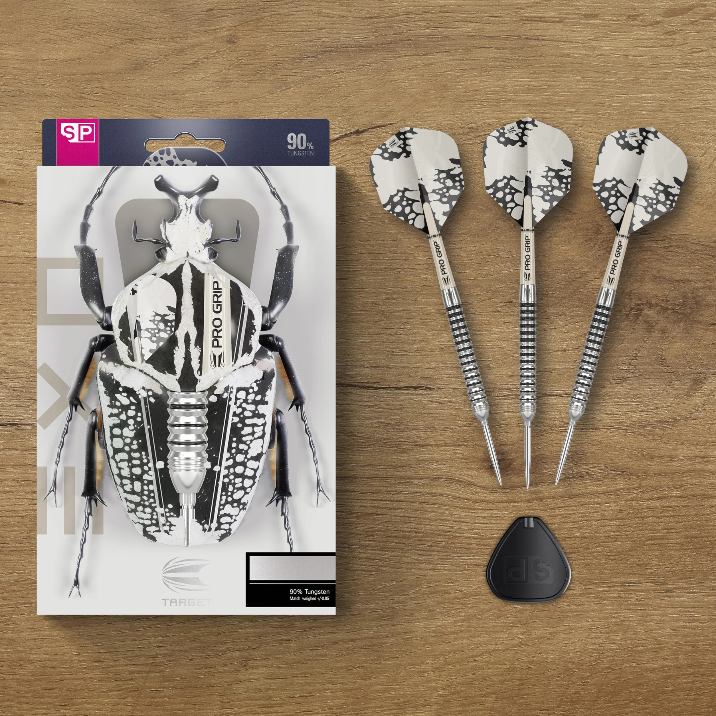 Target Darts EXO Edition zestaw rzutek ze stali wolframowej 90% – zestawy rzutek stalowych, szwajcarskie rzutki punktowe z trzonkami Pro Grip i lotkami nr 6, w zestawie narzędzie SP, profesjonalne