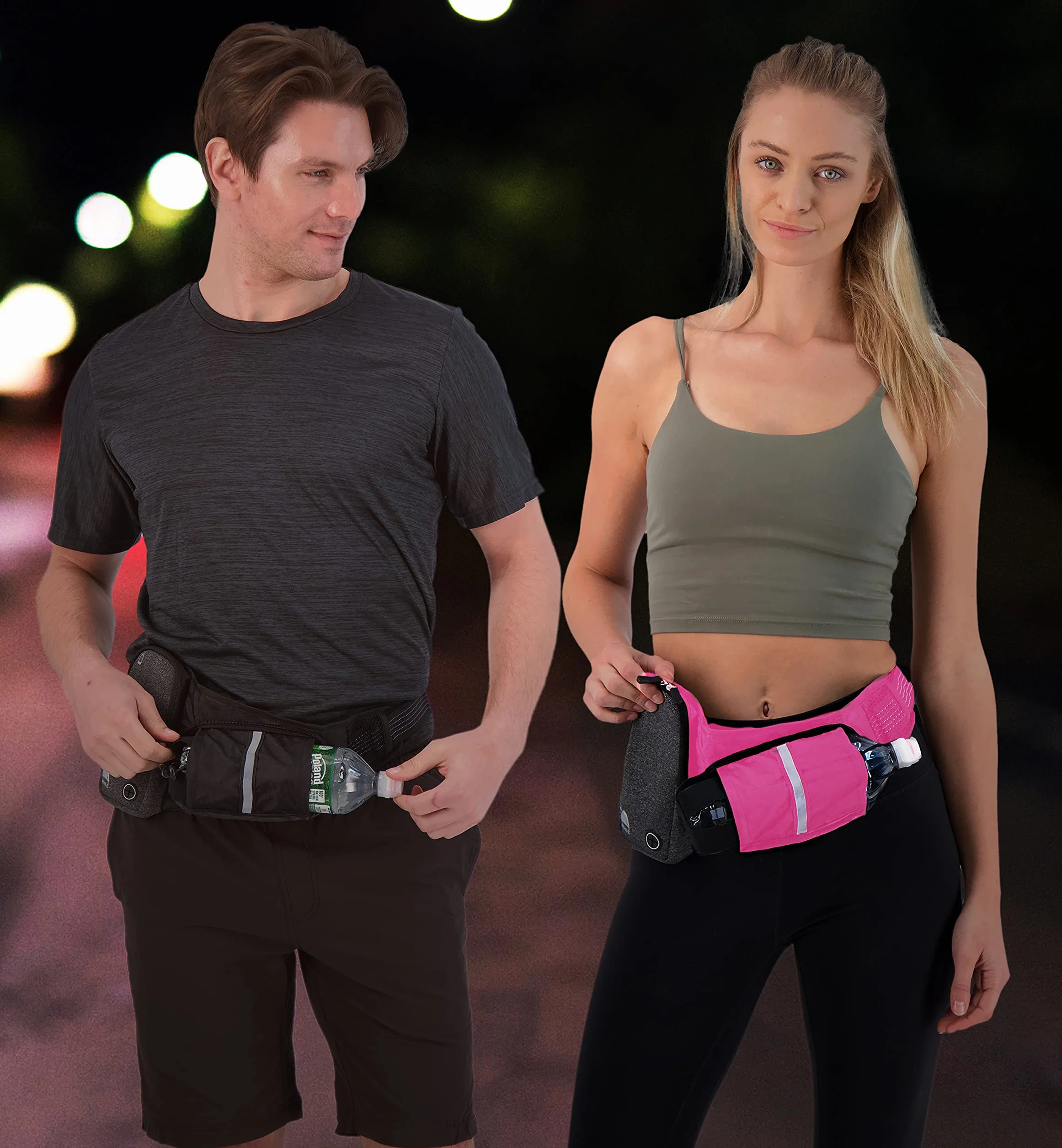 Running Belt Water Bottle Pouch Pozioma, duża kieszeń Fanny Pack Nadaje się do większości telefonów i portfeli, regulowany pasek w pasie jeden rozmiar, breloczek do kluczy, odblaskowy 360 czarny