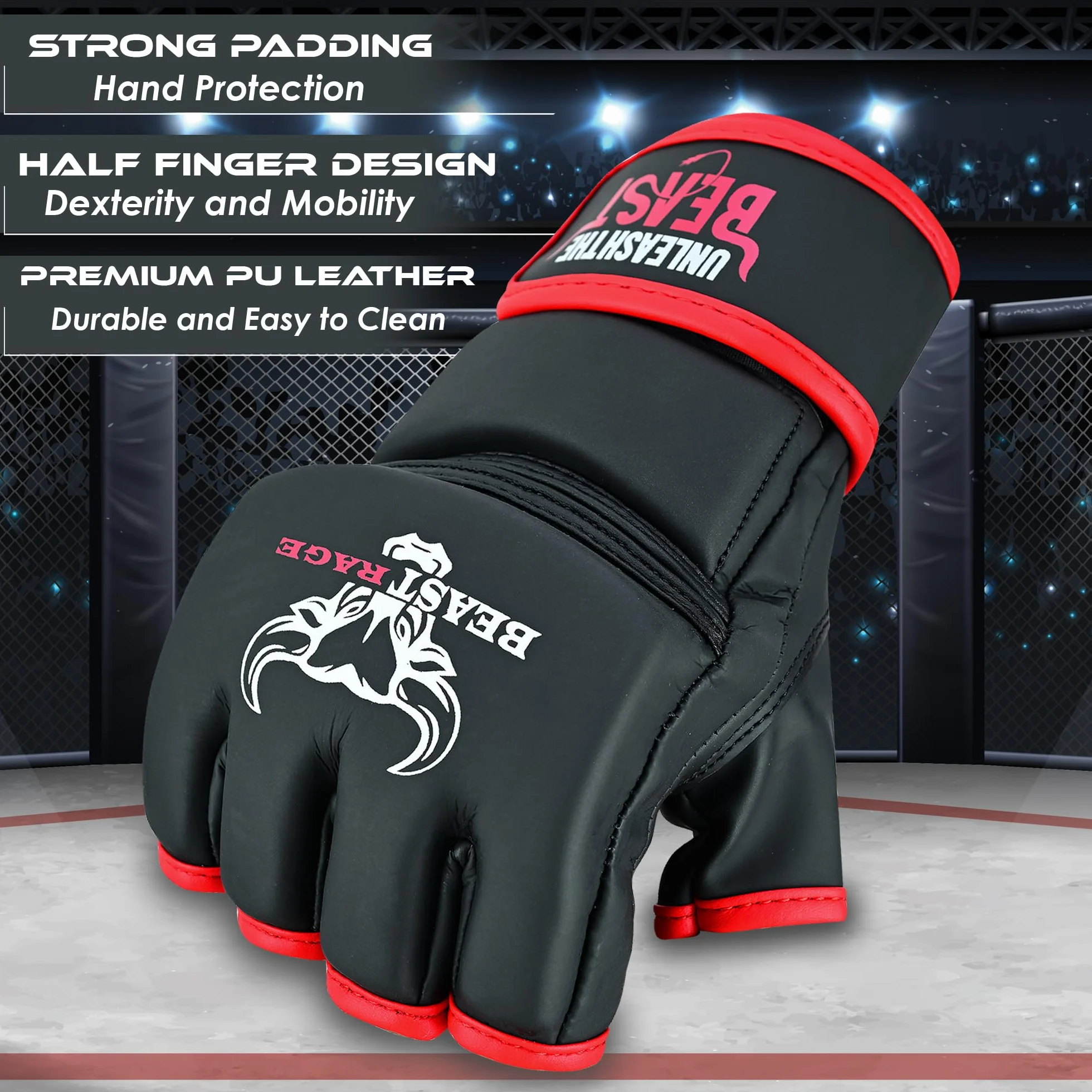 BEASTRAGE Rękawice MMA dla mężczyzn i kobiet, rękawice do sztuk walki, sparing, wentylowana dłoń, wegańska skóra, walka w klatce, muay thai, kickboxing, worek bokserski, kickboxing