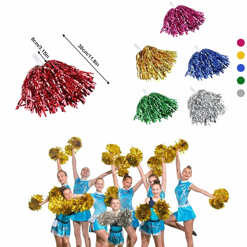 FIGFYOU 12 sztuk pomponów cheerleaderek puszyste metaliczne paski z plastikowym uchwytem