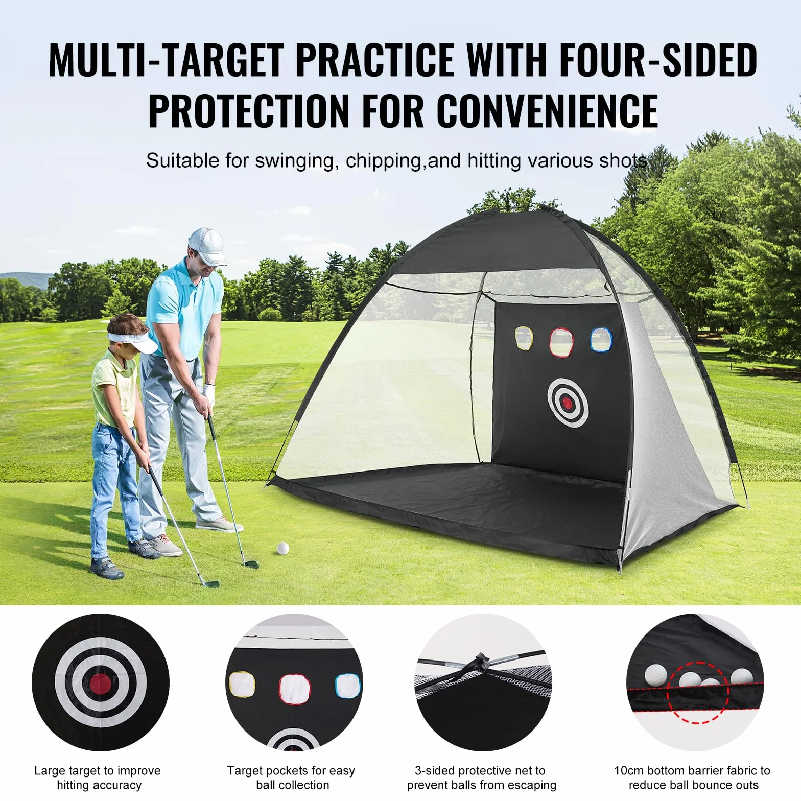 VEVOR Siatka do ćwiczeń golfowych – 3 x 2 m pomoc treningowa do wewnątrz i na zewnątrz z torbą do przenoszenia, idealna do jazdy na podwórku, odprysków, prezent dla miłośników golfa, Czarny, 10x7Ft