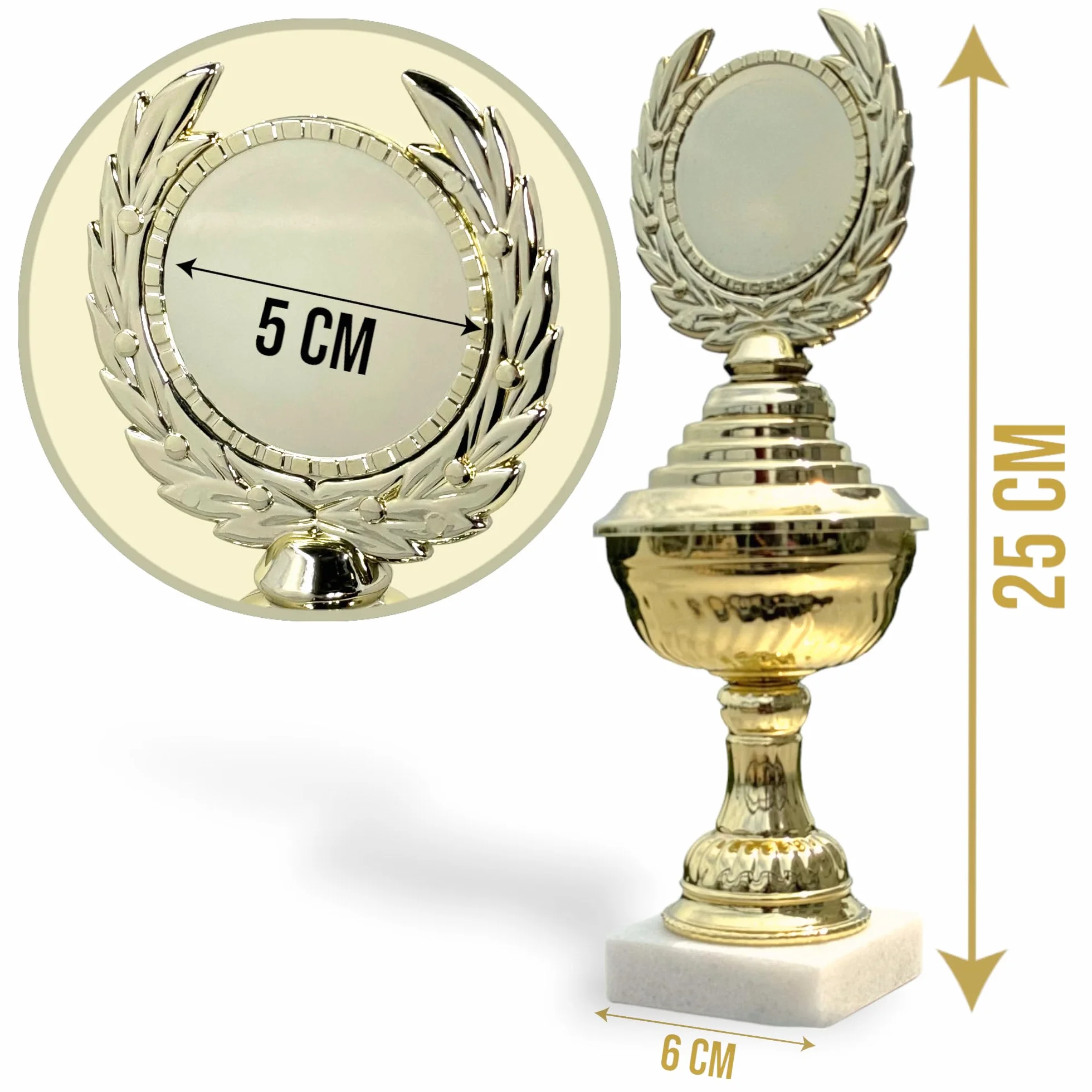 Złoty puchar sportowy MIJOMA z marmurowym cokołem 25 cm