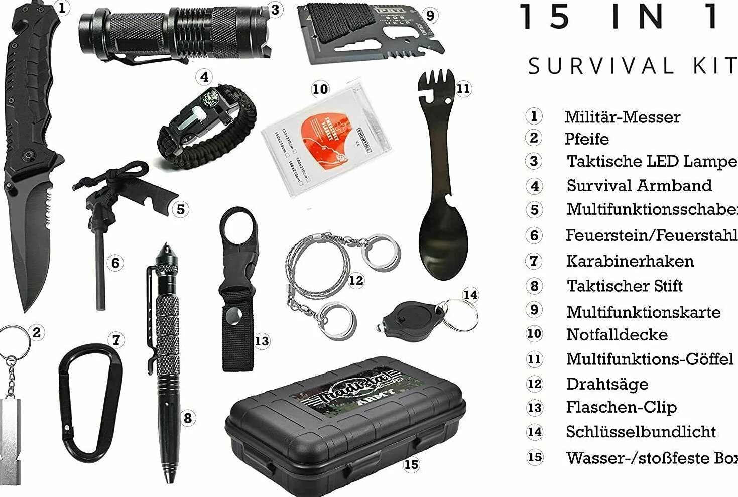 Zestaw survivalowy 15 w 1 nóż latarka taktyczna czarny