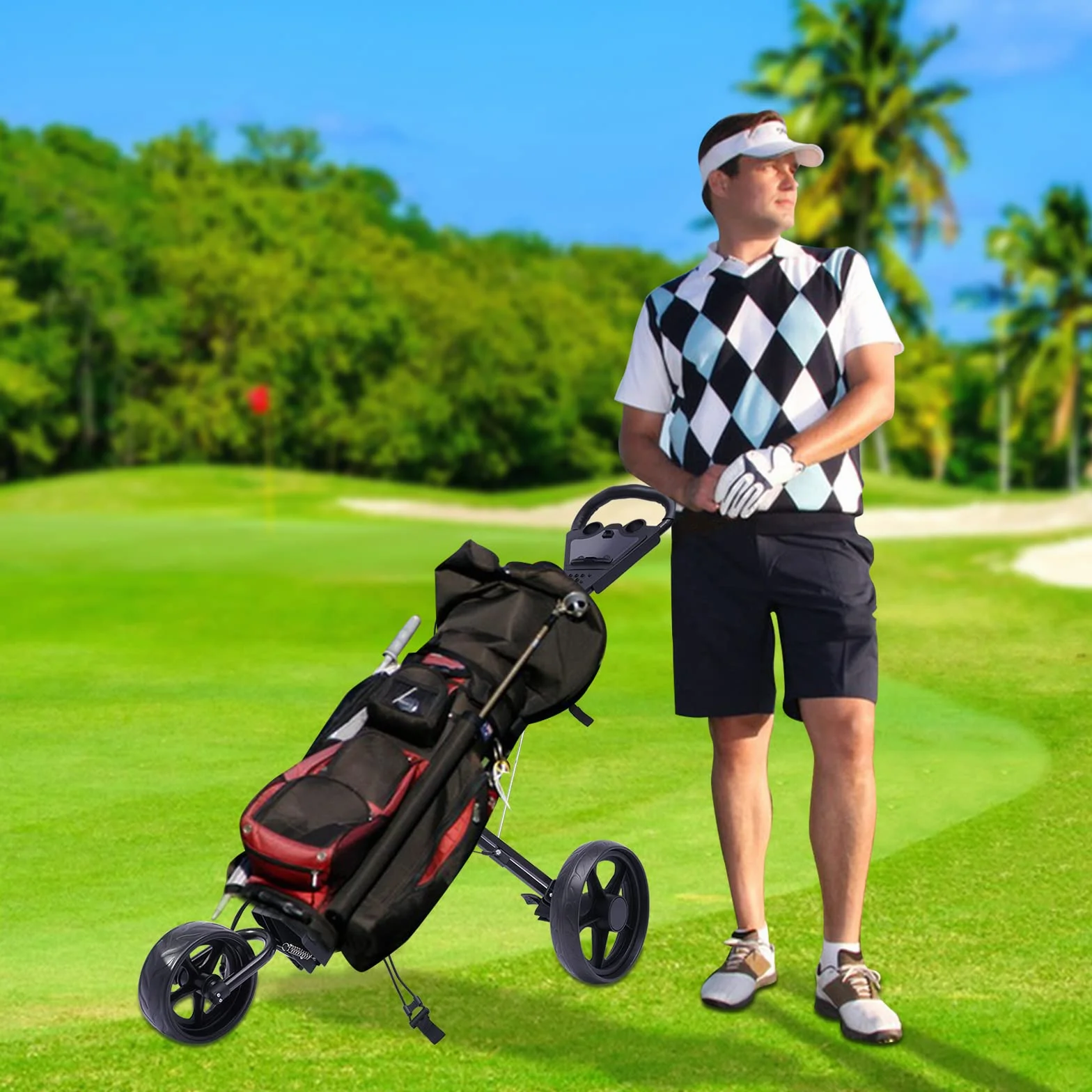 Składany wózek golfowy, 3 koła, wózek golfowy, wózek golfowy, wózek przesuwny z uchwytem na napoje, tablica wyników, wózek golfowy dla młodzieży i dorosłych