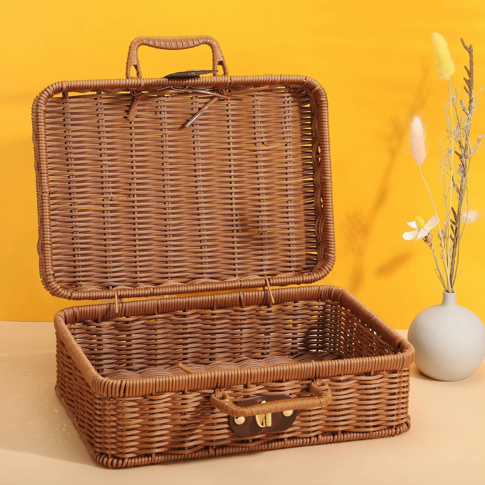Rattanowy Kosz do Przechowywania Walizek, Plastikowa Walizka Wiklinowa Retro, Ręcznie Tkane Kosze Odbiorcze z Uchwytami, Rustykalne Kosze Wiklinowe, Wiklinowy Kosz Piknikowy na(29,5 x 21 x 12 cm)