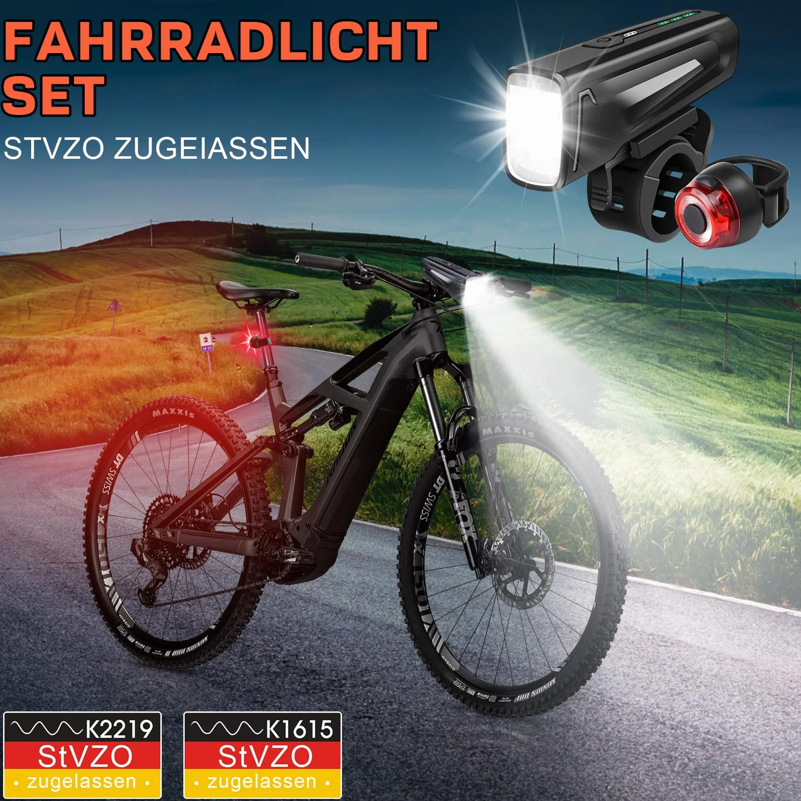 LED Fahrrad Lampe Set Frontlicht Rücklicht USB-C Aufladbar IPX5 Wasserdicht 60/35 LUX