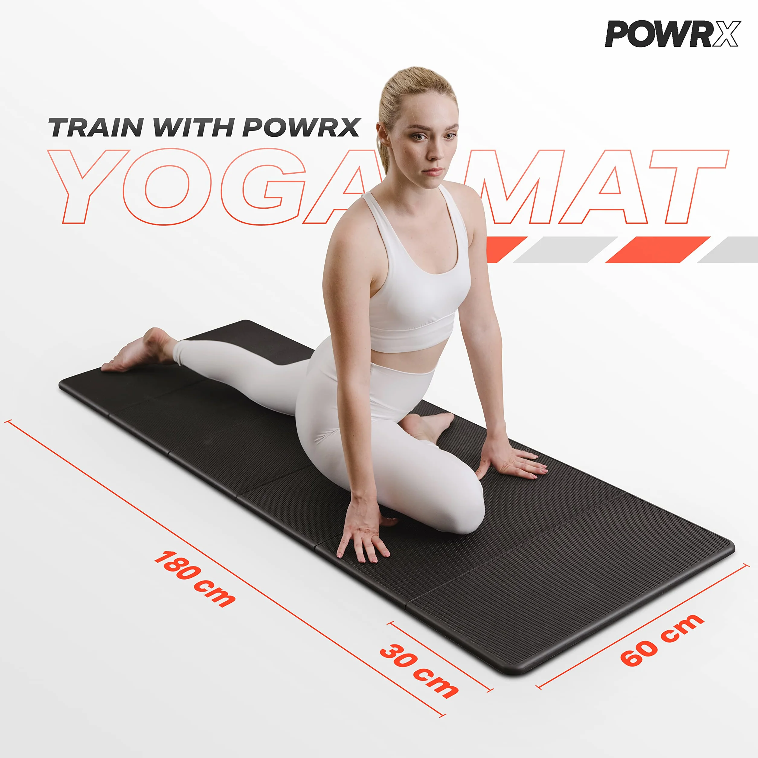POWRX składana mata gimnastyczna, bez PCW, 180 x 60 x 1,5 cm, niebieska lub czarna, do ćwiczeń, pilatesu, fitnessu, podłogi, mata do jogi (czarna)