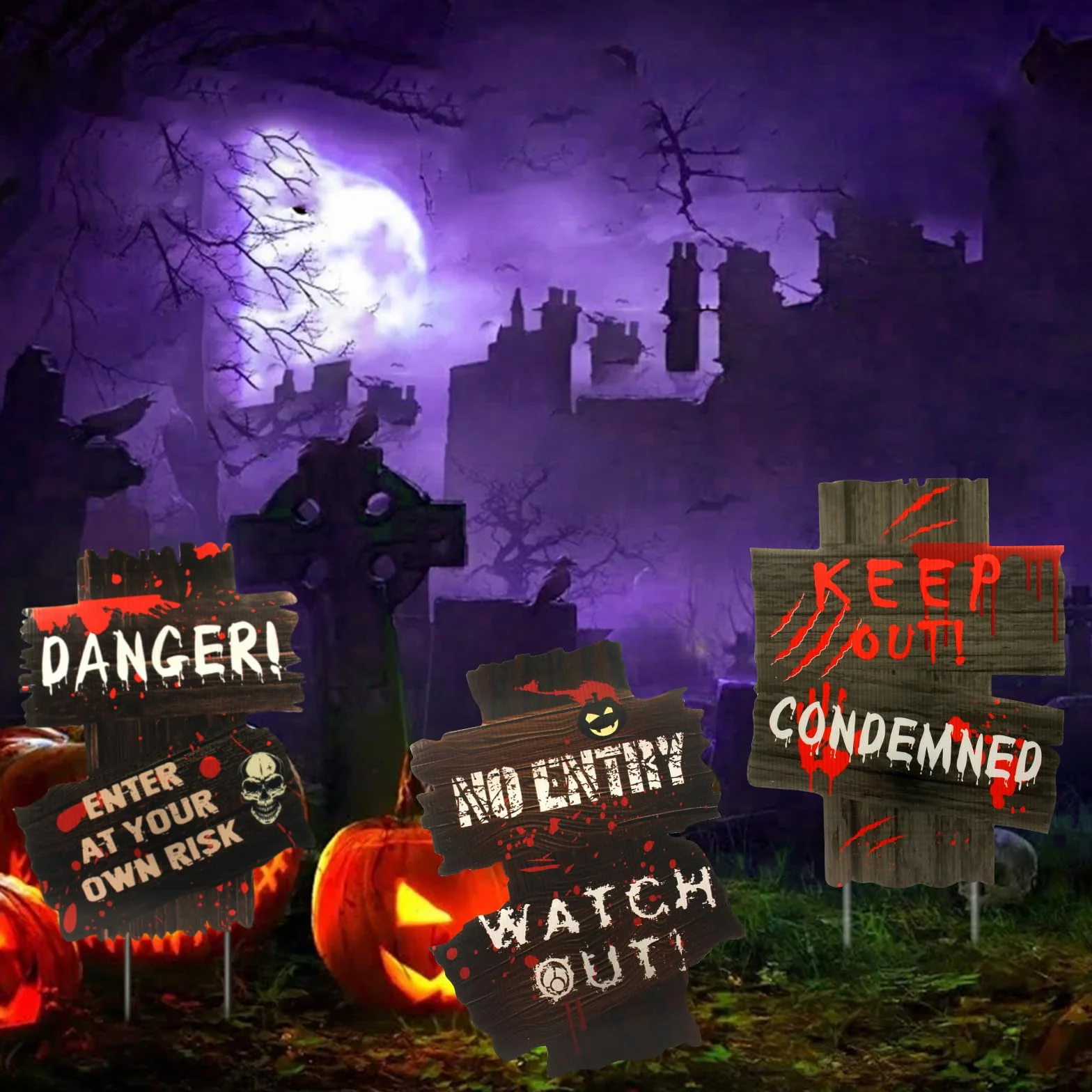 Znaki ostrzegawcze na Halloween 3 sztuki, dekoracje na Halloween z tektury falistej, dekoracje na Halloween, dekoracje na trawnik, cmentarz, dekoracje zewnętrzne, rekwizyty na Halloween