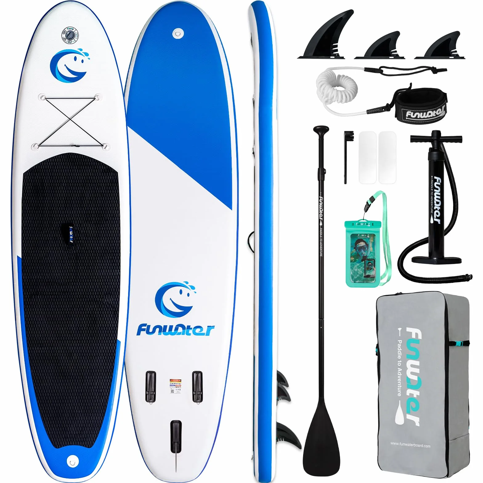 FunWater 10'6"-11'6" SUP Deska, nadmuchiwana deska do paddleboard dla wszystkich poziomów, idealna dla początkujących i rodzin, z antypoślizgowym pokładem EVA, wiosłem, pompką i pełnym wyposażeniem
