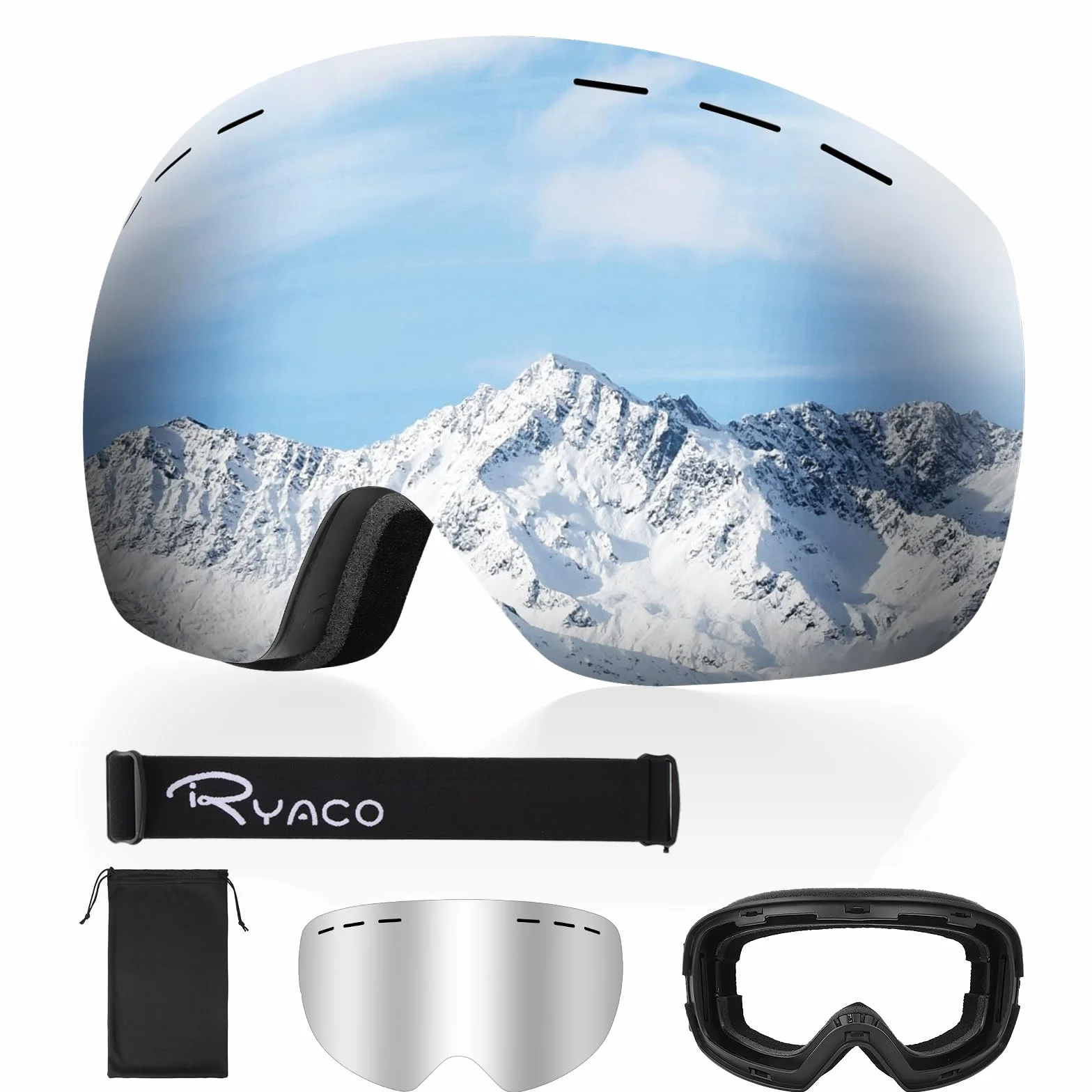 Ryaco Gogle narciarskie snowboardowe OTG przeciwmgielne UV sferyczne bezramowe