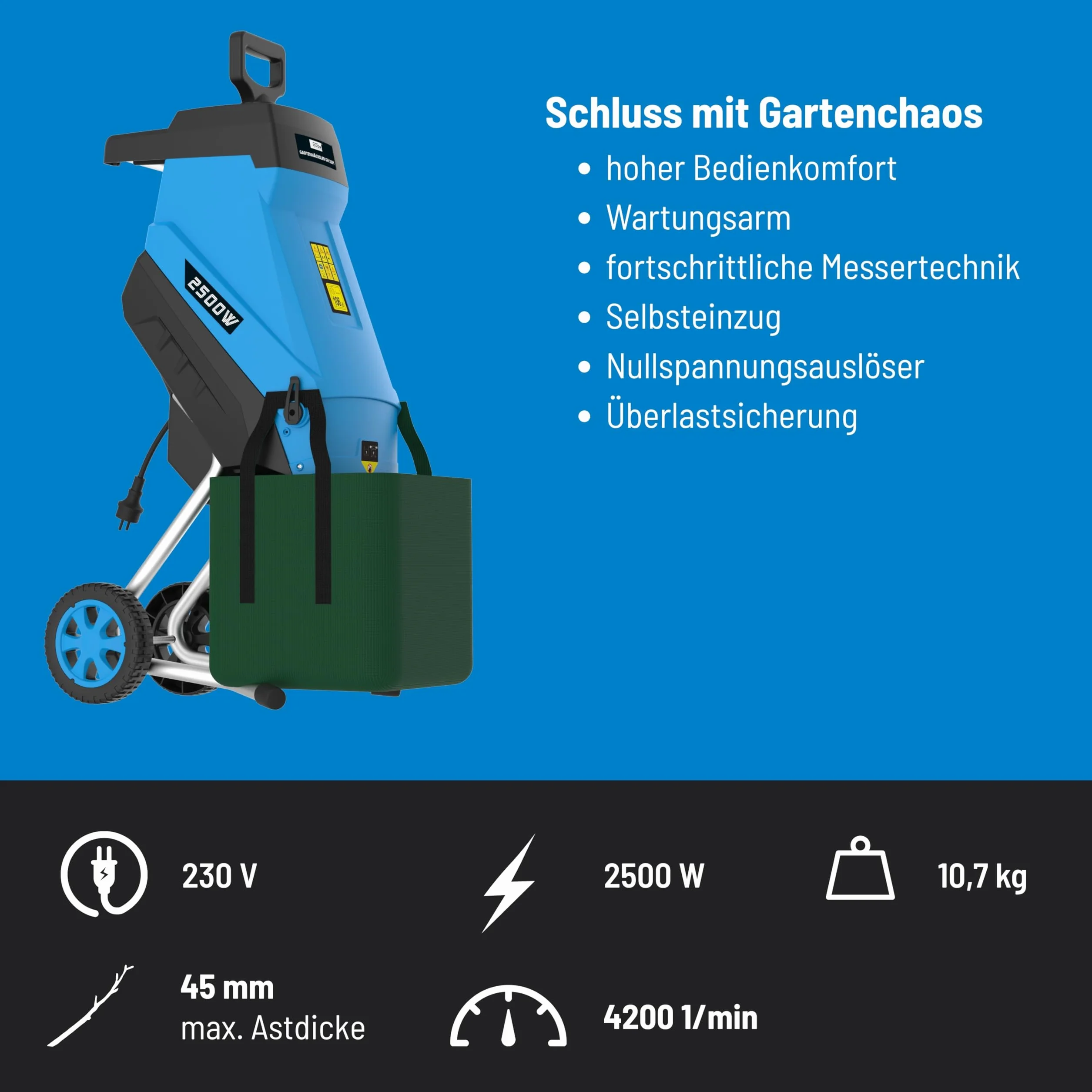 Güde Rozdrabniacz ogrodowy GH 2501 (2500 W, technologia nożowa, nie wymaga konserwacji, samoczynne zwijanie, koła transportowe, zabezpieczenie przed przeciążeniem, maks. grubość gałęzi 45 mm, w