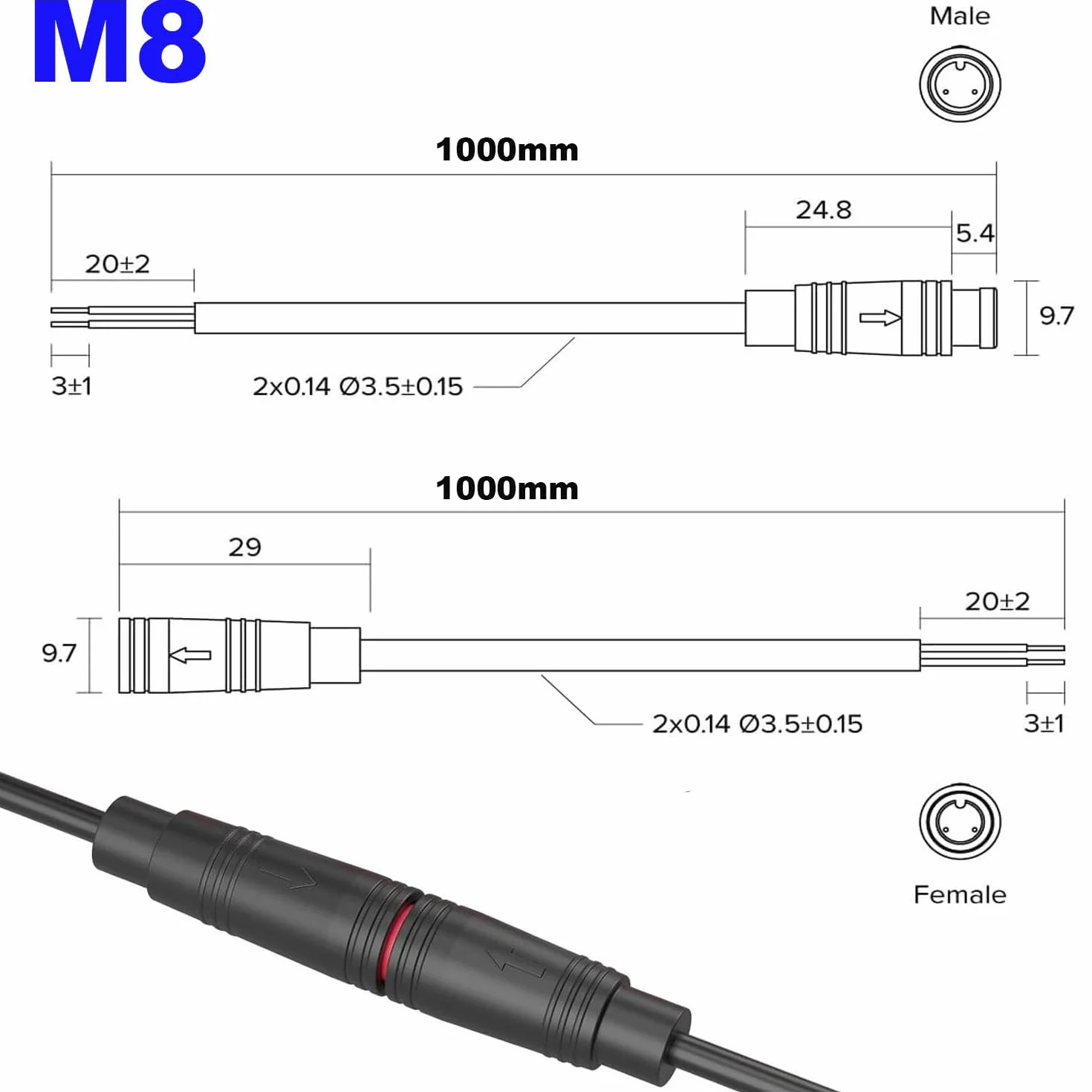 RUNCCI-YUN 2 SZT. Wodoodporne złącze przedłużające kabel Julet 2-pinowe do roweru elektrycznego, wtyczka męska i żeńska z przewodem, 2-pinowe złącze kabla do oświetlenia roweru elektrycznego, projekty