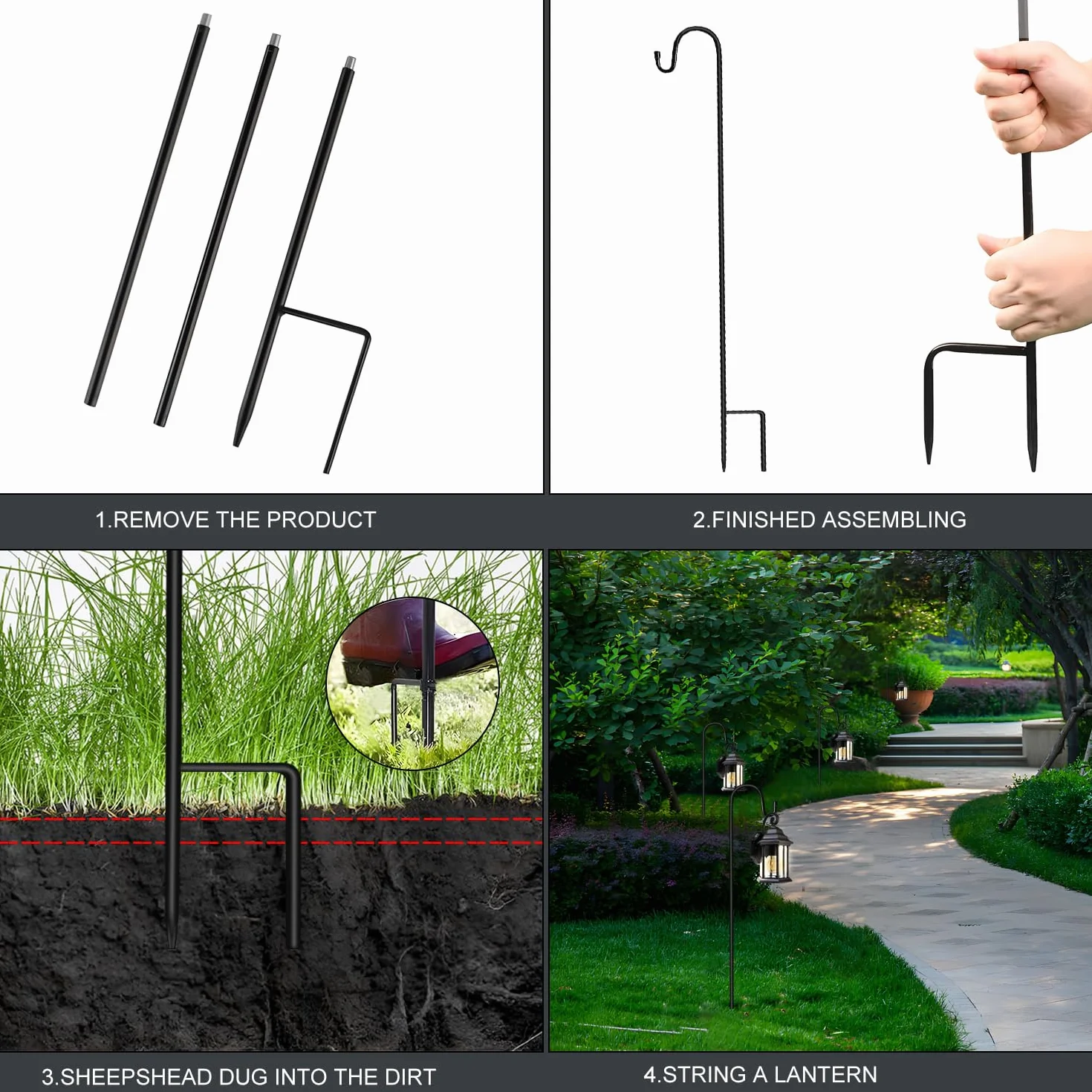 4 sztuki haków pasterskich do ogrodu 90CM, metalowe wtyczki ogrodowe z hakiem do lamp solarnych, latarni, oświetlenia bożonarodzeniowego, weselnego, do koszy na rośliny, na kule kwiatowe