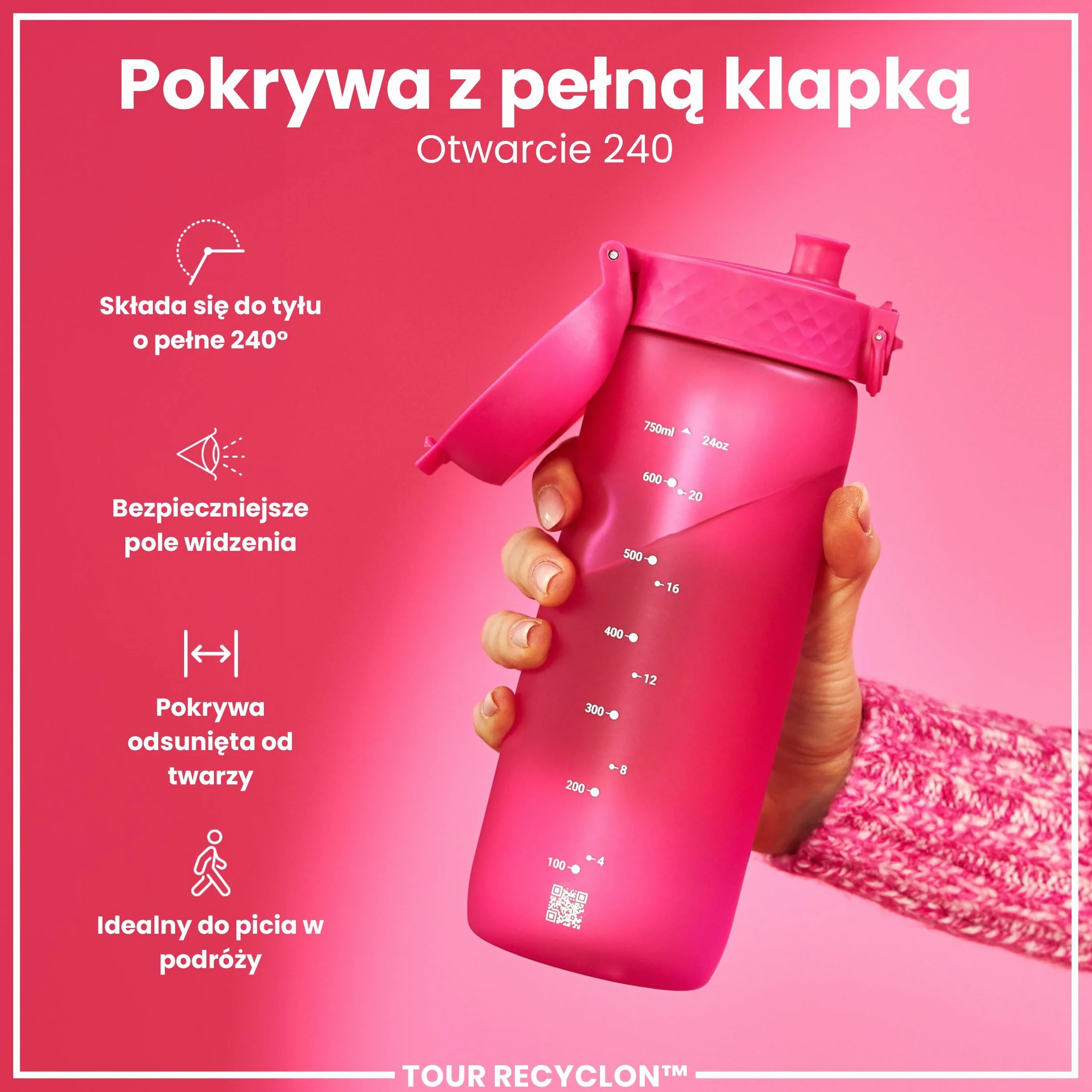 ION8 Butelka na Wodę, 750 ml/24 oz, Szczelna, Łatwe Otwieranie, Bezpieczny Zamek, Można Myć w Zmywarce, Bez BPA, Uchwyt do Przenoszenia, Chwyt z Konturami, Łatwa Czyszczenia, Bezwonny, Różowy