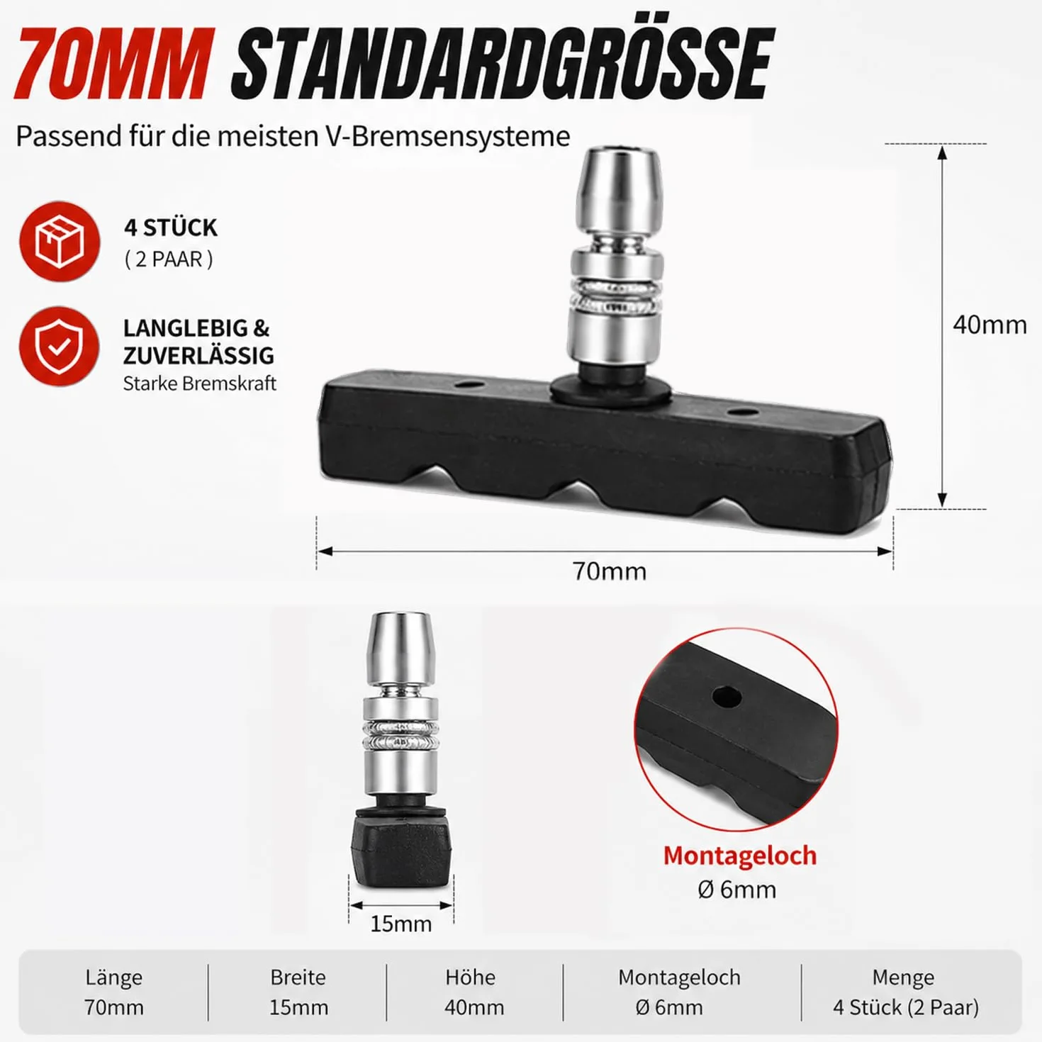 Klocki hamulcowe do roweru 70 mm V-Brake 4 sztuki