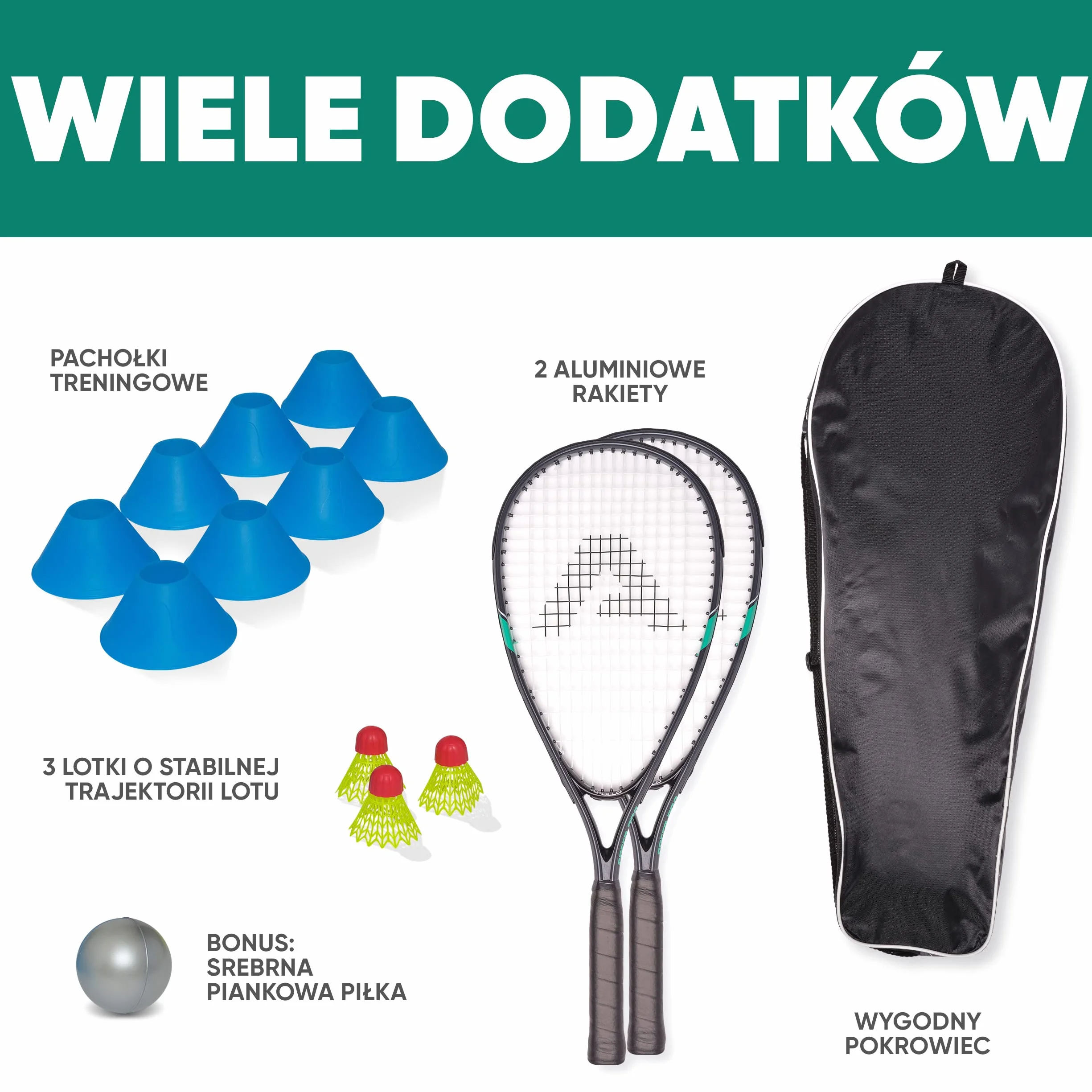 Apollo Rakieta do Badmintona | Zestaw Sportowy w Różnych Kolorach | Rakieta do Squasha i Innych Gier Rakietowych | Komplet z Pokrowcem | Dla Dzieci i Dorosłych