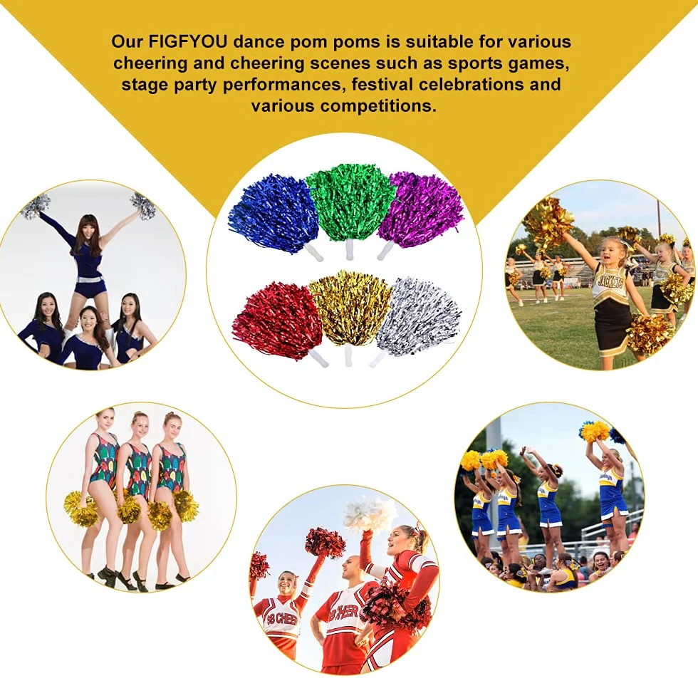 FIGFYOU 12 sztuk pomponów cheerleaderek puszyste metaliczne paski z plastikowym uchwytem