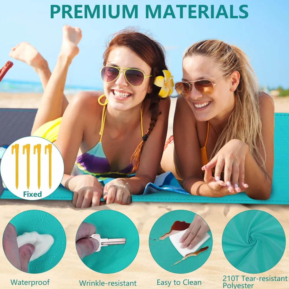 flintronic Koc plażowy, odporny na piasek, mata plażowa, bez piasku, duży koc piknikowy, wodoodporny, 210 x 200 cm, dla 4-6 dorosłych, na kemping, wędrówki, plażę, piknik
