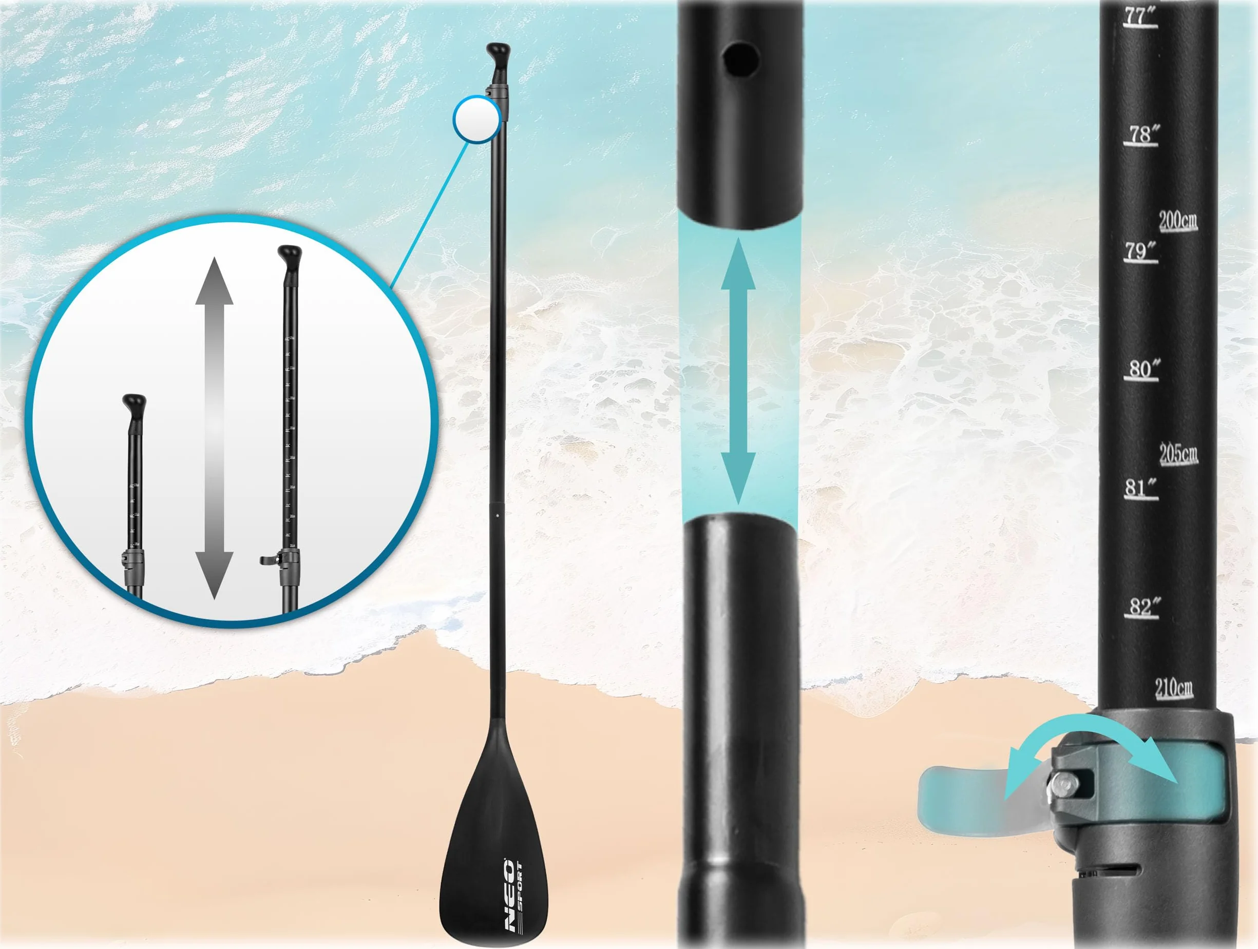 Neo-Sport Teleskopowe Wiosło SUP 2w1 Składane Regulacja Długości 230 cm Do Kajaka i Deski SUP Czarne