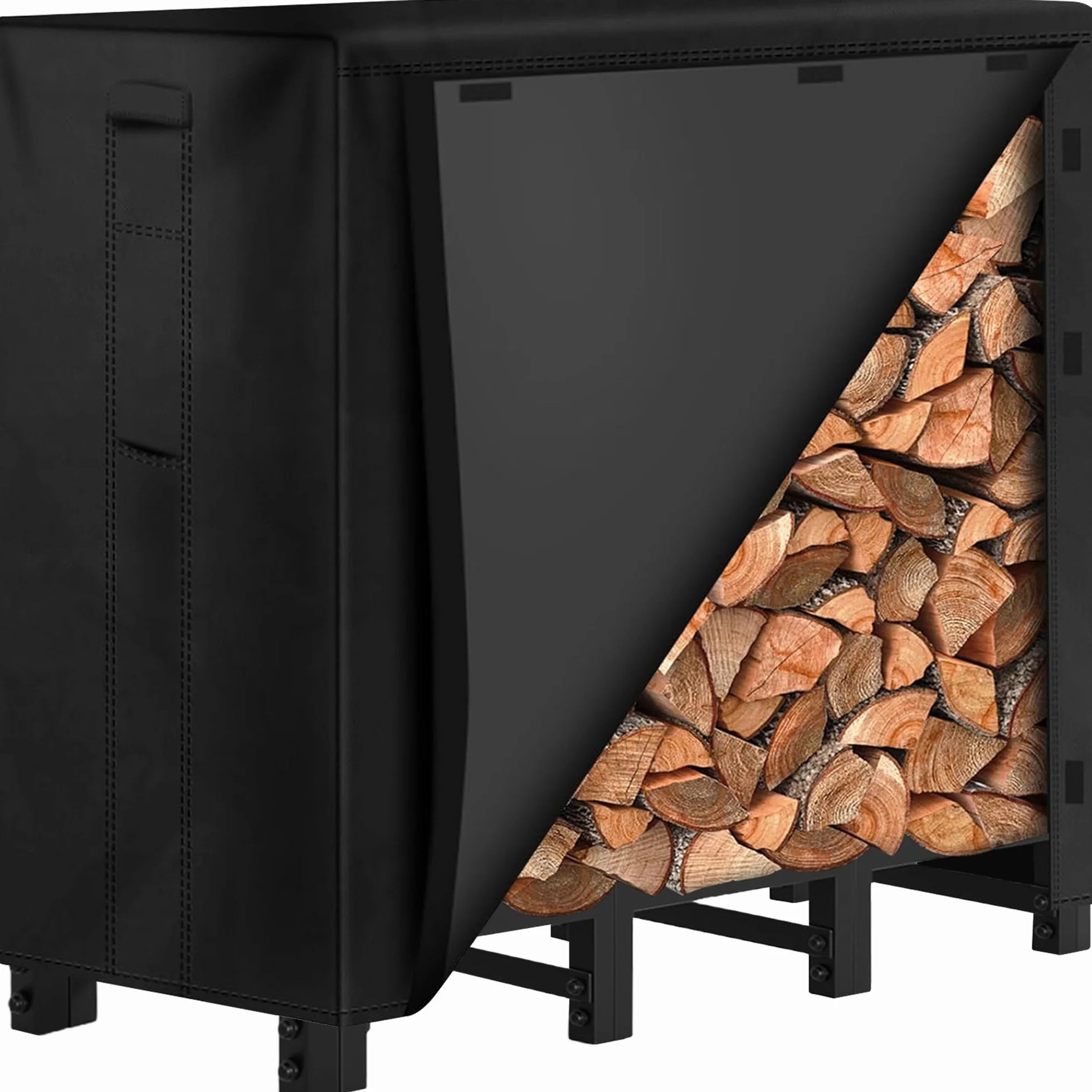 Amagabeli regał na drewno kominkowe z osłoną, 122x36x107 cm, stalowy regał na drewno opałowe na zewnątrz, wodoodporna plana 600D do ogrodu, tarasu, kominka, kolor czarny