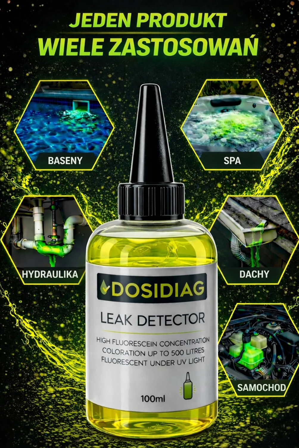 Detektor wycieku DOSIDIAG | Uniwersalny wykrywacz wycieków: basen, spa, instalacja sanitarna, dach, samochód | wysoka koncentracja fluoresceiny | barwnik do lokalizacji wycieków