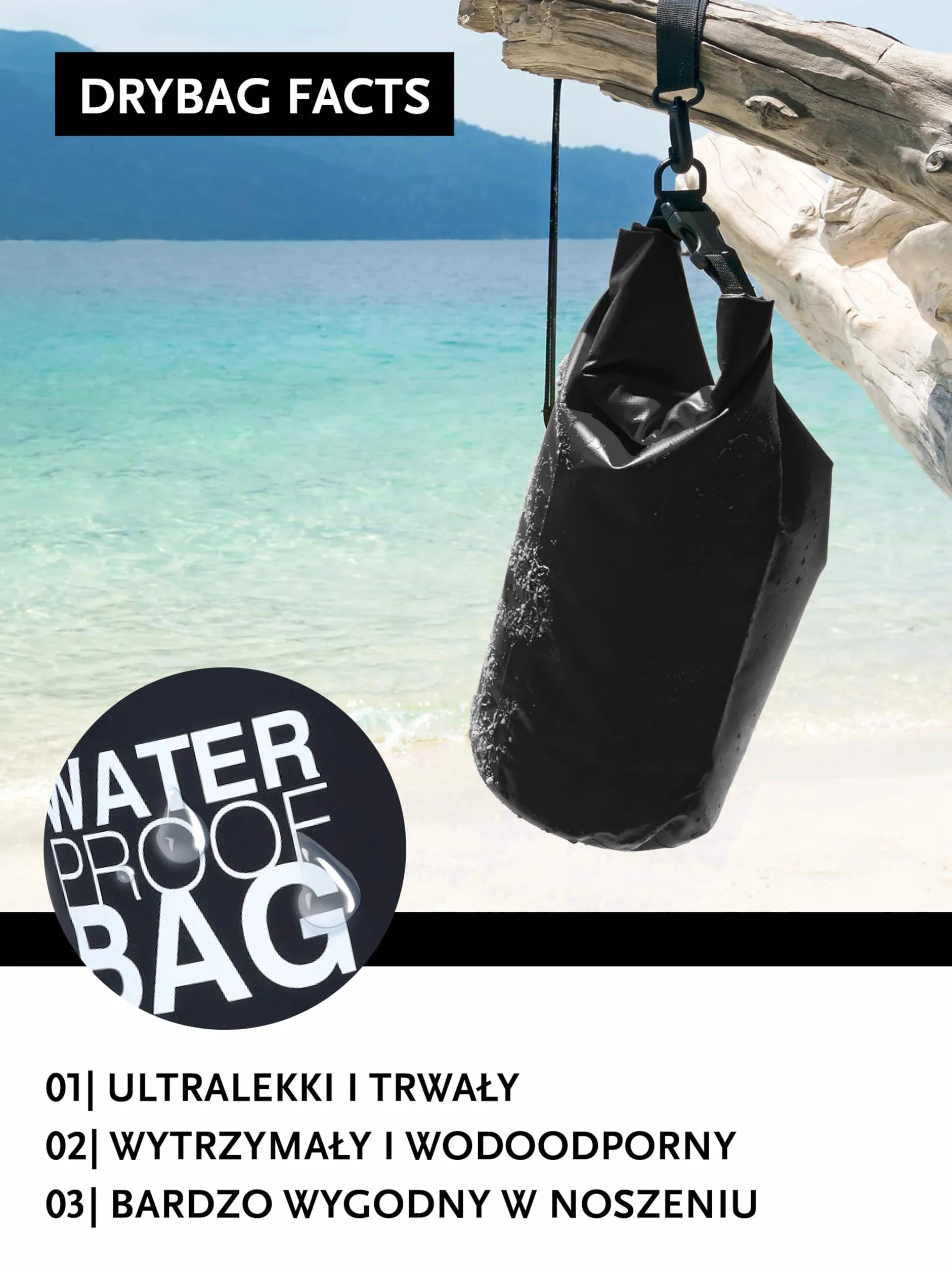 DonDon Wodoodporny outdoor dry bag 10 l kolor czarny worek/sakwa wodoszczelna sucha torba z paskami chroni Twój ekwipunek przed wodą