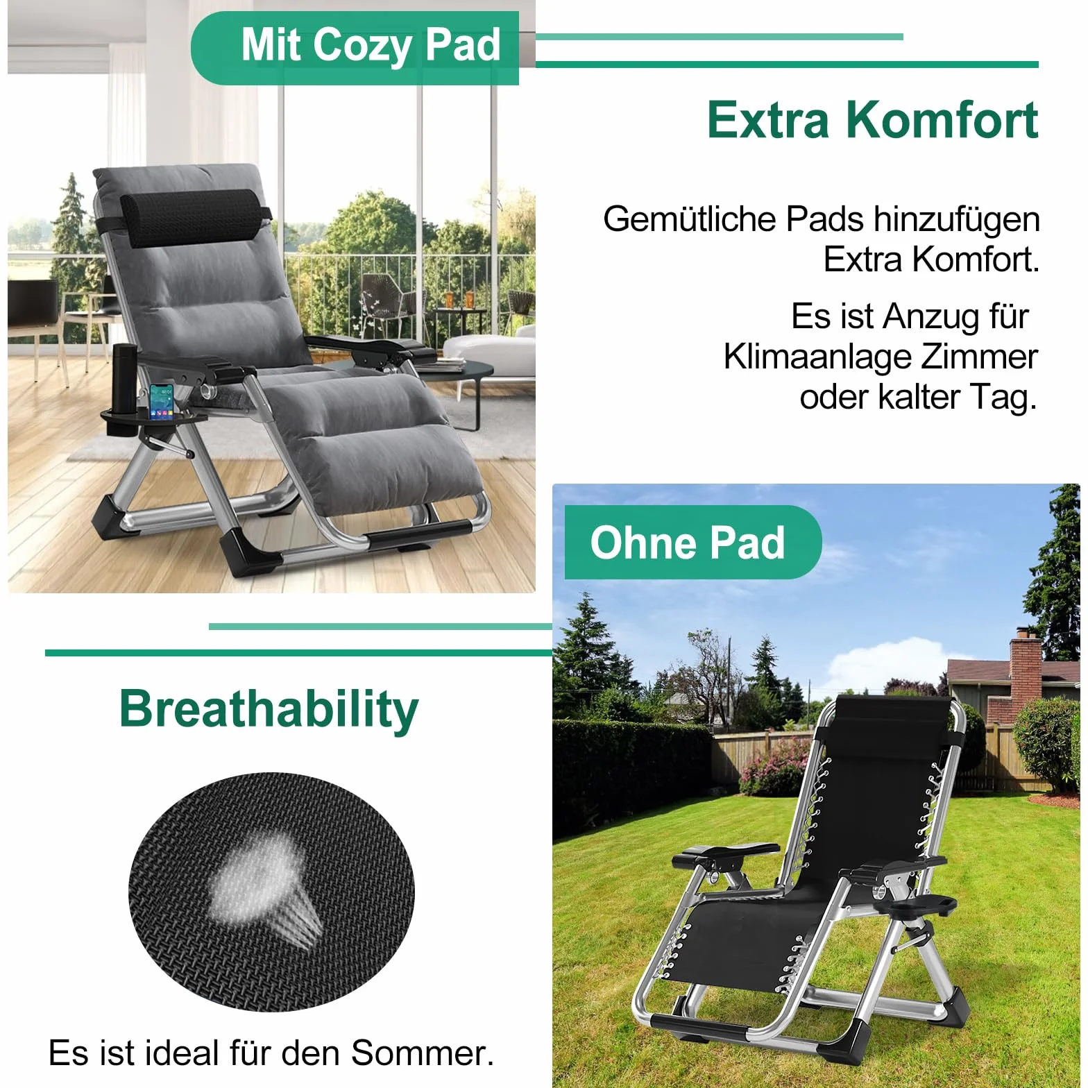 Zero Gravity Chair - Składany leżak z nakładką i kieszenią boczną, regulowany fotel relaksacyjny do salonu, na balkon, do ogrodu, na plażę lub basen, obciążenie 200 kg