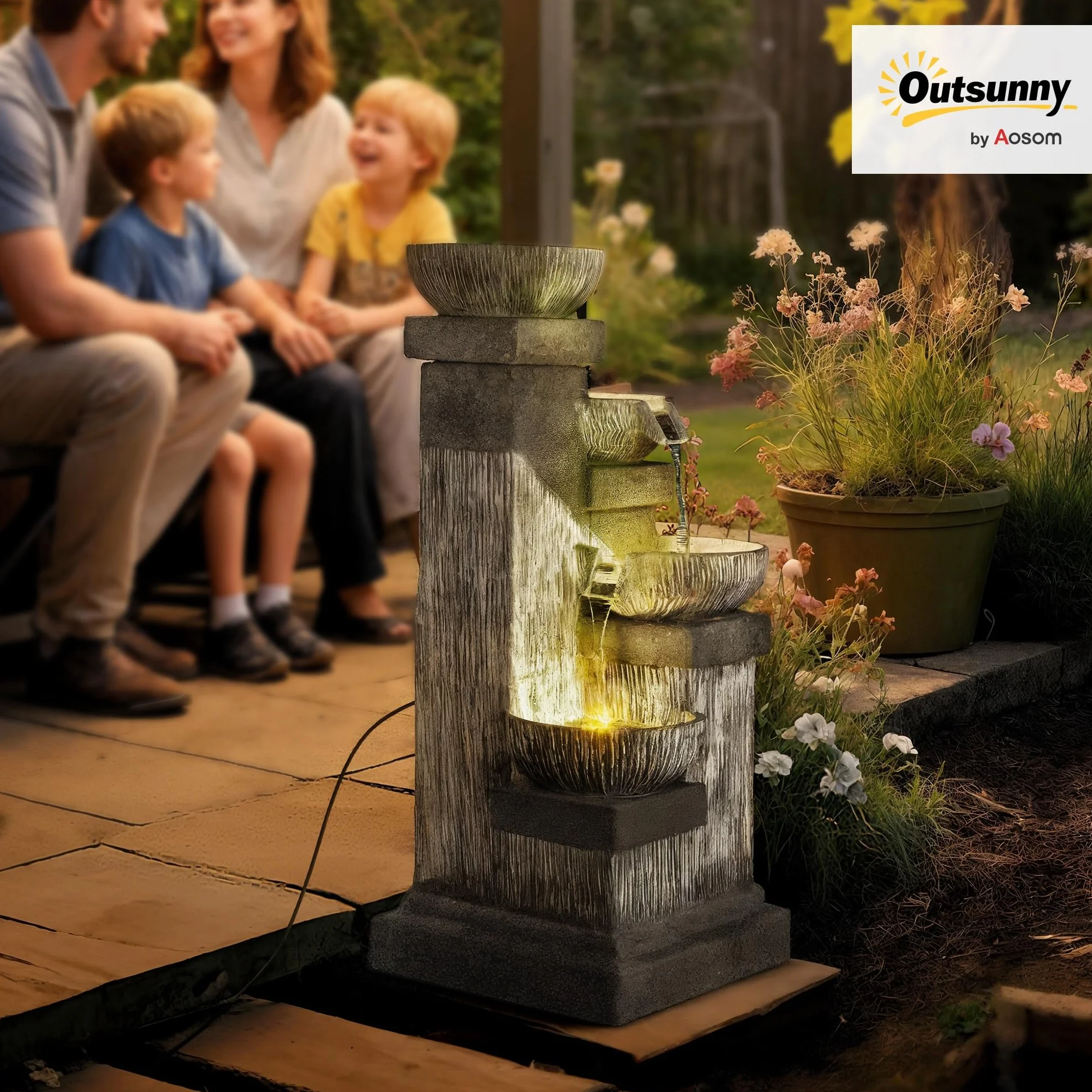 Outsunny Fontanna zewnętrzna z żywicy syntetycznej, czteropiętrowa fontanna ogrodowa z oświetleniem LED, pompa, imitacja kamienia, do ogrodu, na taras, 38 x 36 x 85 cm, szara