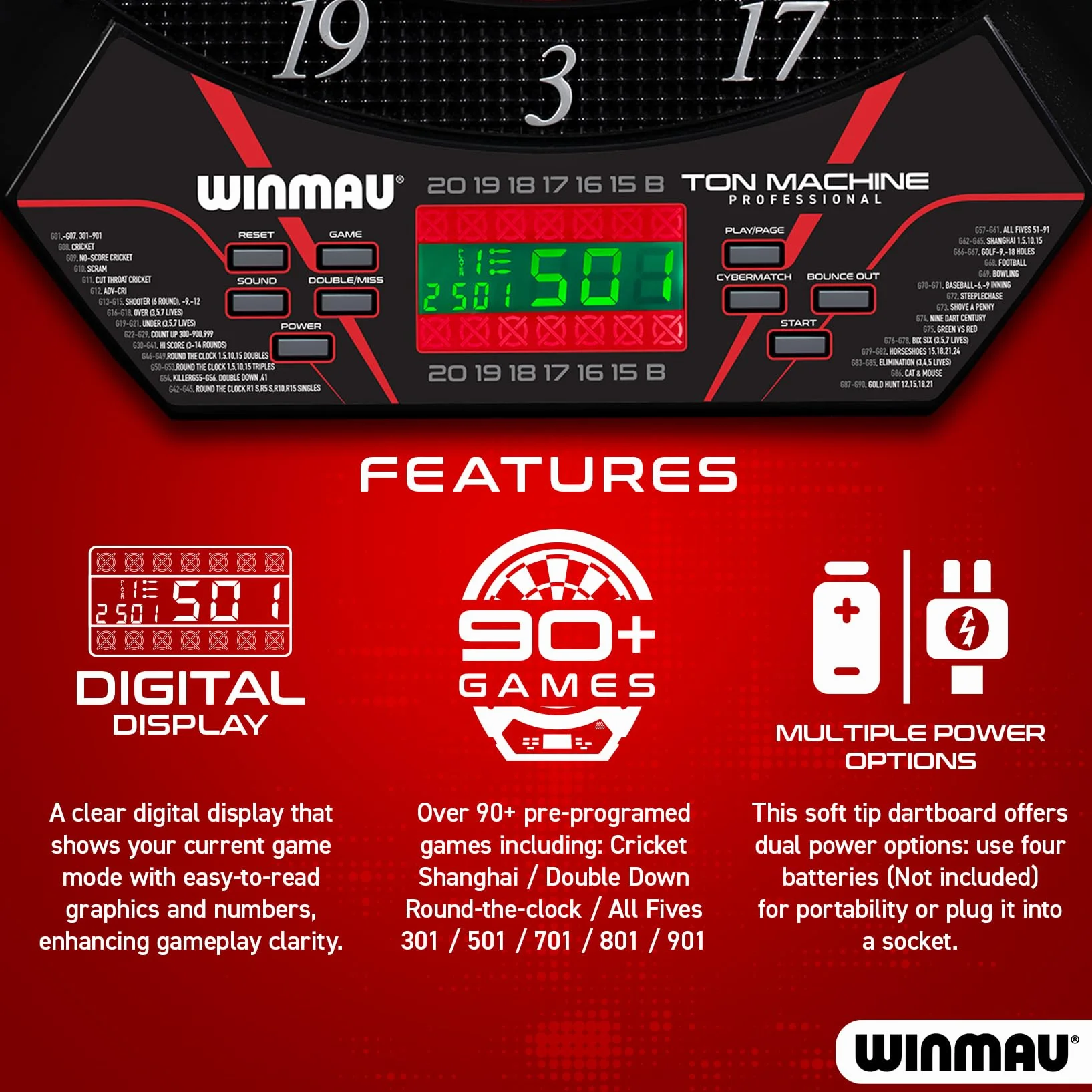 Winmau Darts - Ton Machine Elektroniczna tarcza do rzutek z ponad 90 grami i cyfrową tablicą wyników dla 8 graczy - 2 zestawy rzutek z miękką końcówką, linia oche & plastikowe końcówki do rzutek