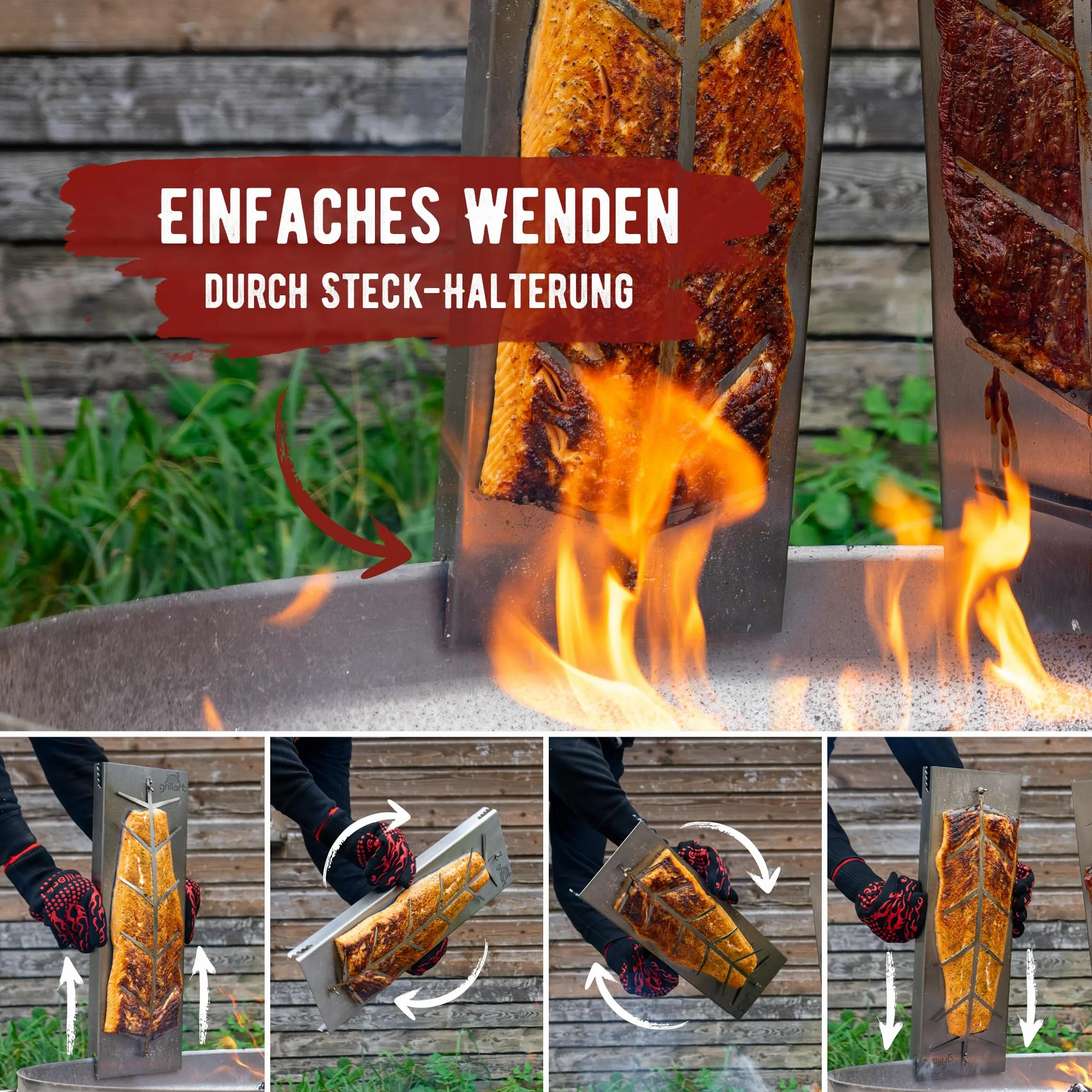 grillart® Deska do wędzenia łososia premium z uchwytem ze stali nierdzewnej (stal nierdzewna)